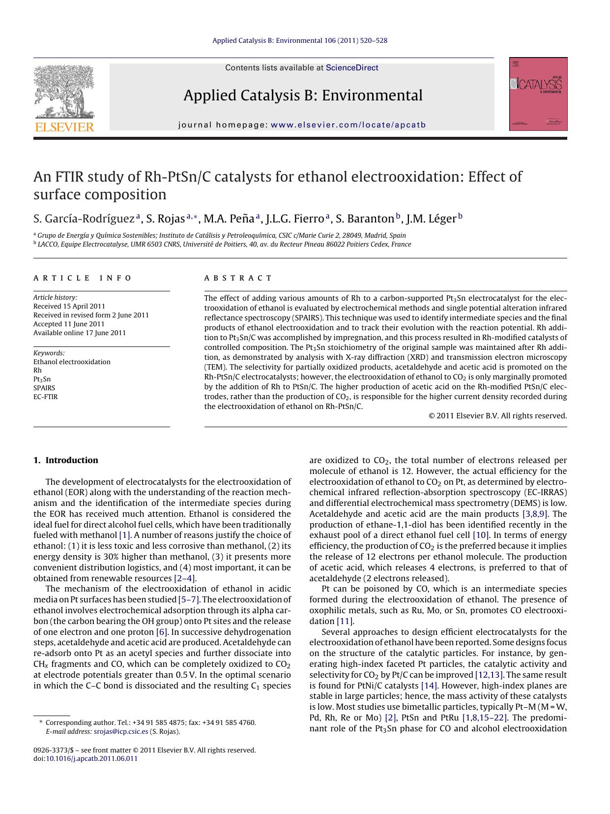An FTIR study of Rh-PtSnC catalysts for ethanol electrooxidation: Effect of surface composition by S. GarcÃ­a-RodrÃ­guez