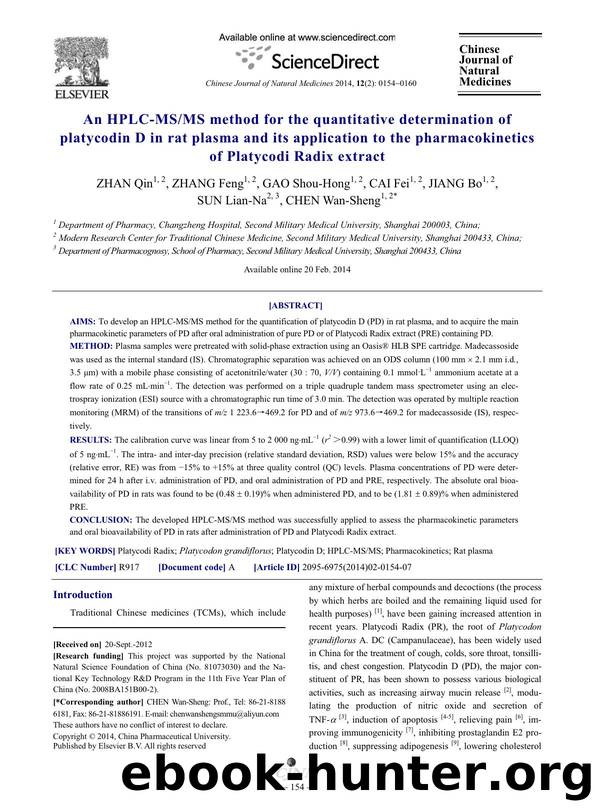 An HPLC-MSMS method for the quantitative determination of platycodin D in rat plasma and its application to the pharmacokinetics of Platycodi Radix extract by Qin ZHAN & Feng ZHANG & Shou-Hong GAO & Fei CAI & Bo JIANG & Lian-Na SUN & Wan-Sheng CHEN