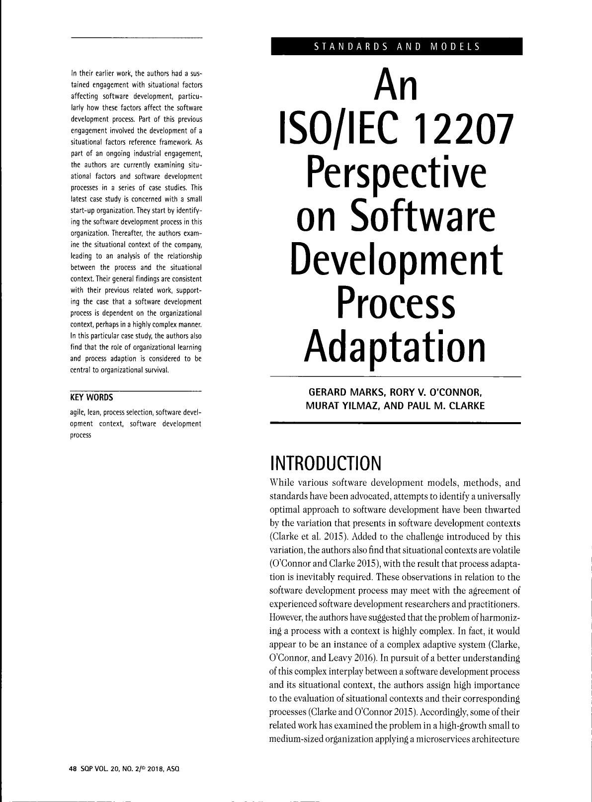 An ISO/IEC 12207 Perspective on Software Development Process Adaptation.pdf by MARKS GERARD; O’CONNOR RORY V.; YILMAZ MURAT; CLARKE PAUL M