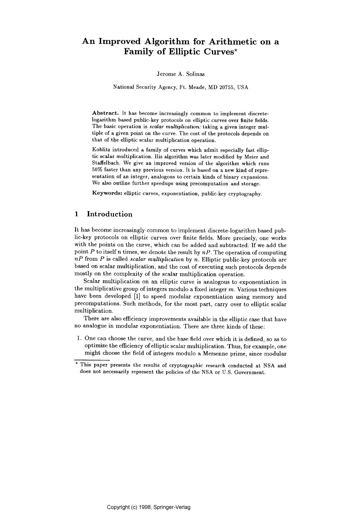 An Improved Algorithm for Arithmetic on a Family of Elliptic Curves by Solinas J. A