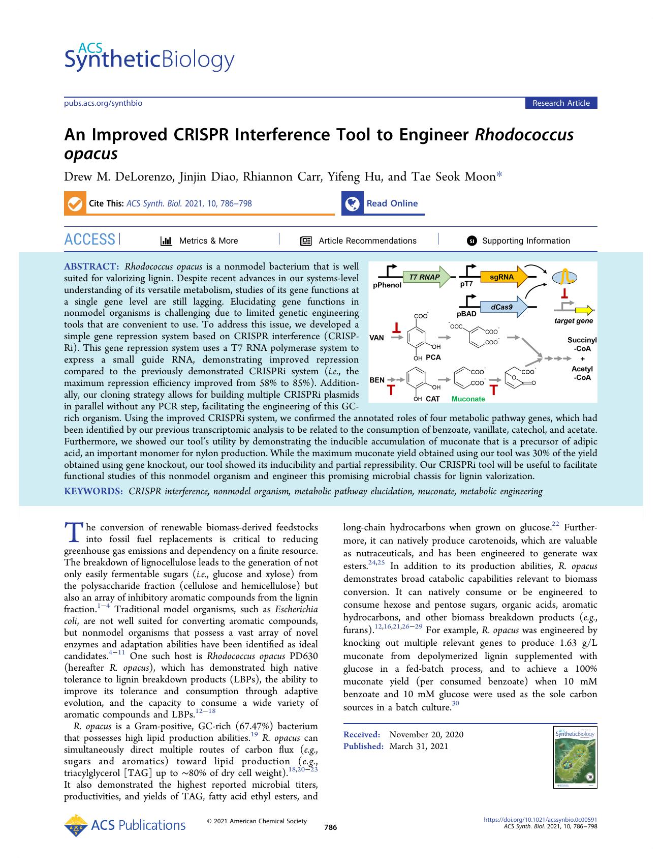 An Improved CRISPR Interference Tool to Engineer Rhodococcus opacus by Drew M. DeLorenzo Jinjin Diao Rhiannon Carr Yifeng Hu and Tae Seok Moon