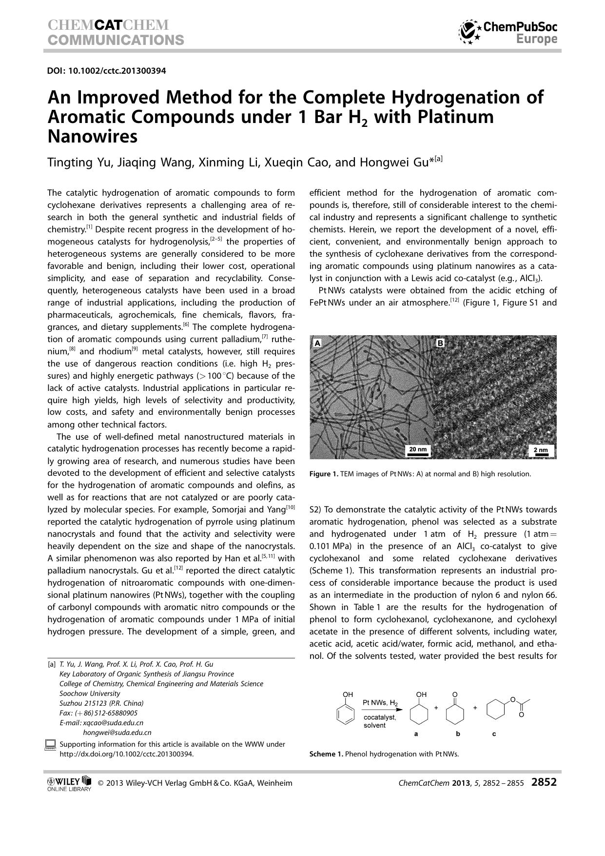 An Improved Method for the Complete Hydrogenation of Aromatic Compounds under 1 Bar H2 with Platinum Nanowires by Unknown