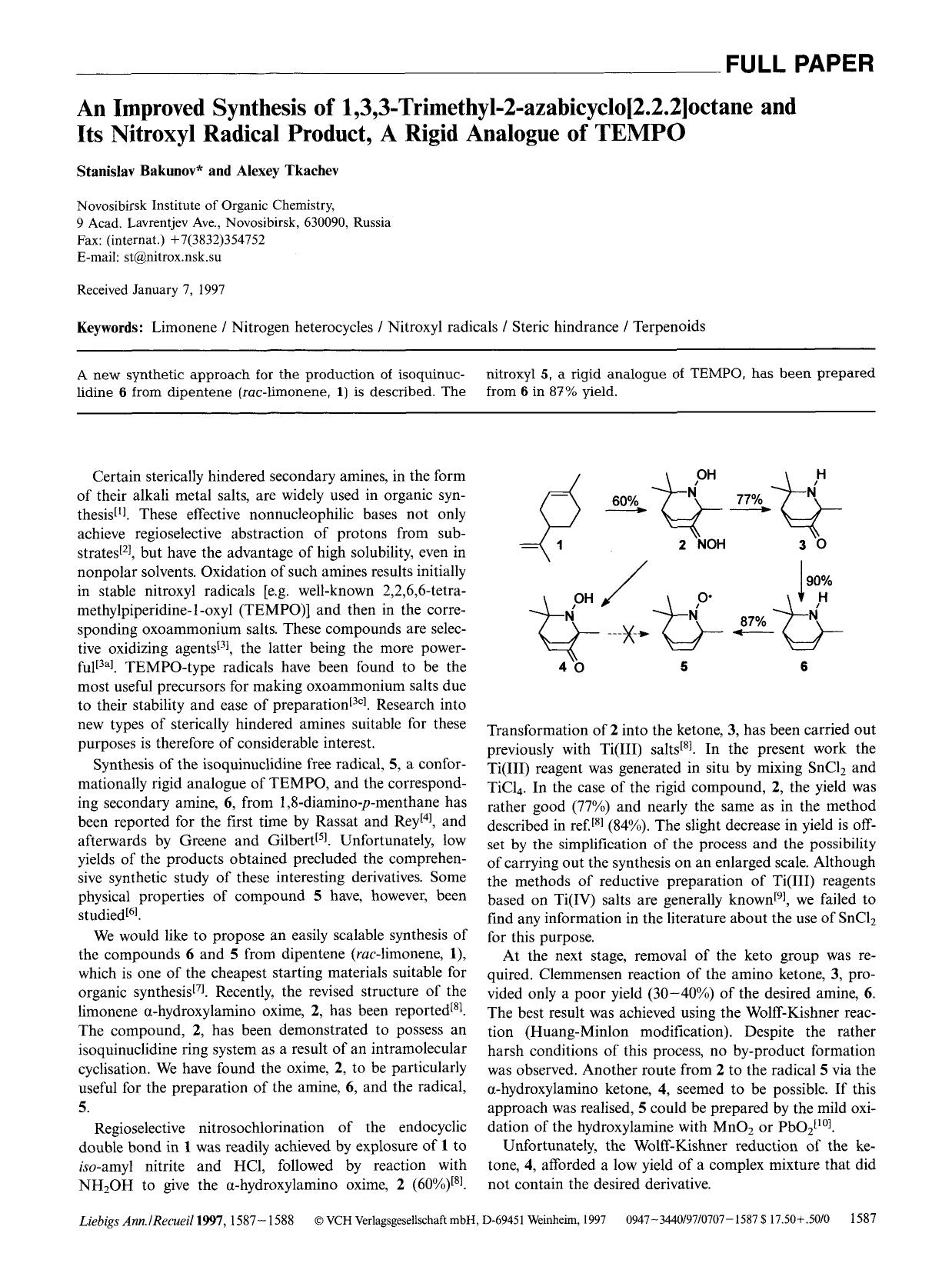 An Improved Synthesis of 1,3,3-Trimethyl-2-azabicyclo[2.2.2]octane and Its Nitroxyl Radical Product, a Rigid Analogue of TEMPO by Unknown