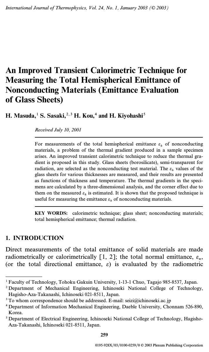 An Improved Transient Calorimetric Technique for Measuring the Total Hemispherical Emittance of Nonconducting Materials (Emittance Evaluation of Glass Sheets) by Unknown