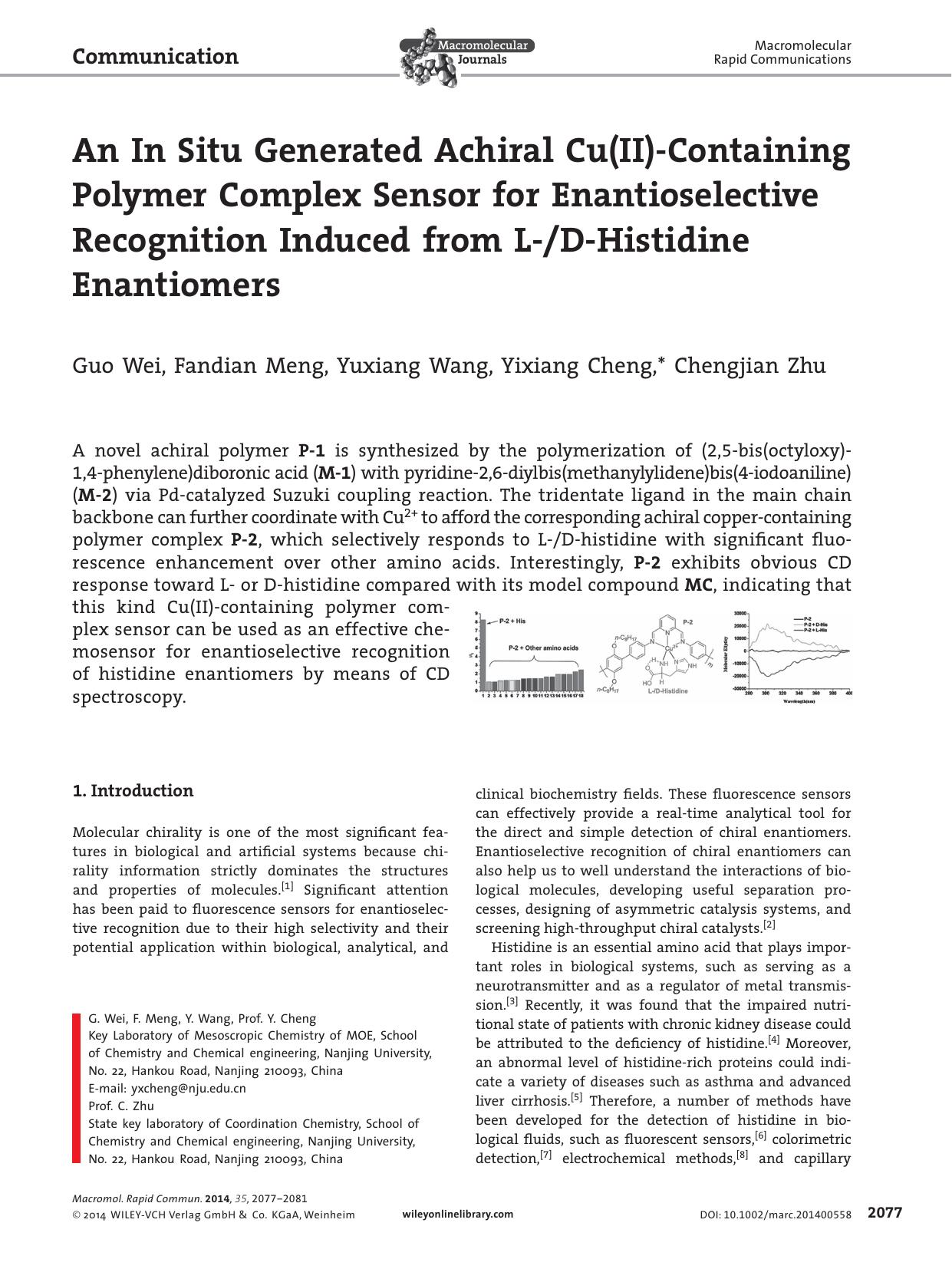 An In Situ Generated Achiral Cu(II)Containing Polymer Complex Sensor for Enantioselective Recognition Induced from LDHistidine Enantiomers by processteam
