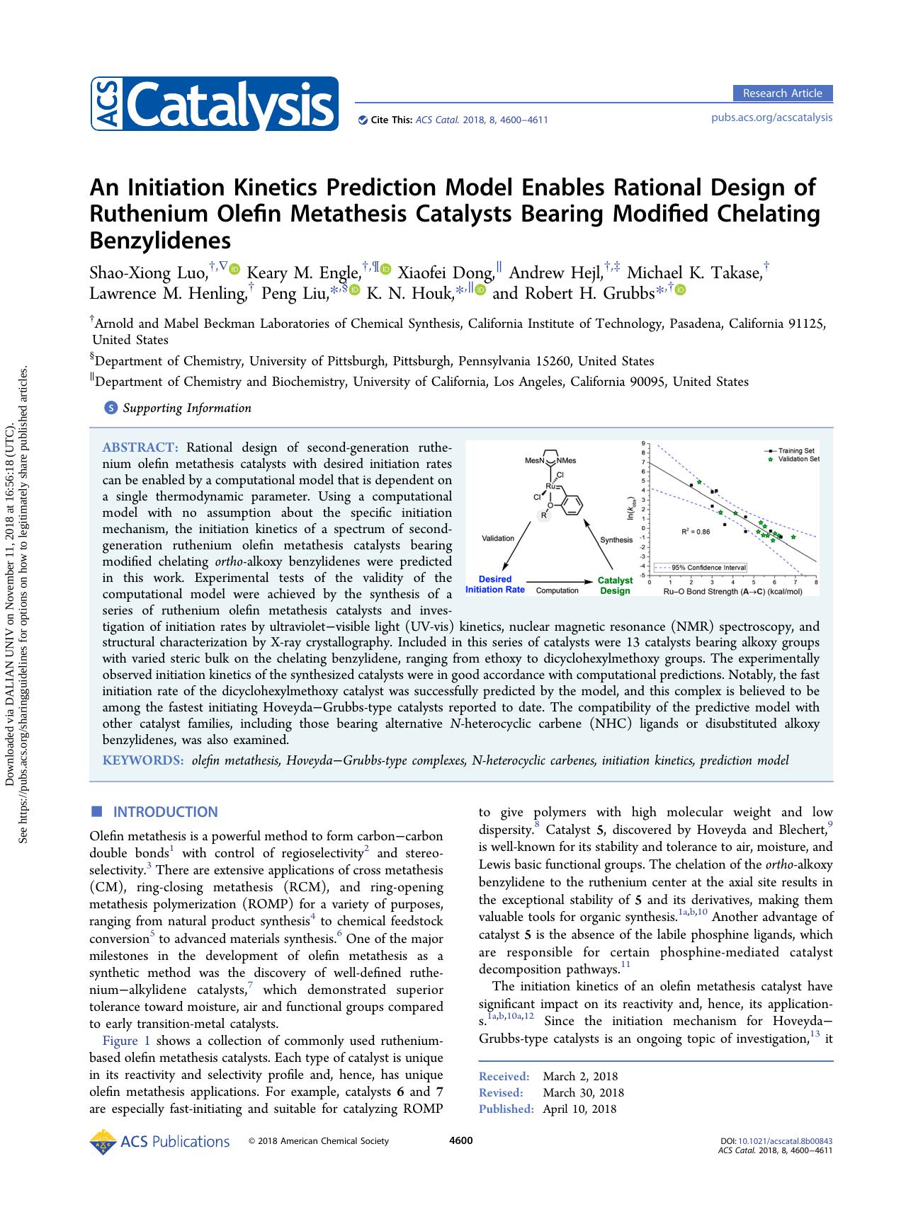 An Initiation Kinetics Prediction Model Enables Rational Design of Ruthenium Olefin Metathesis Catalysts Bearing Modified Chelating Benzylidenes by unknow