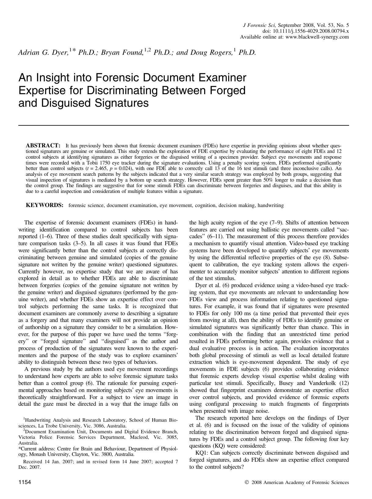 An Insight into Forensic Document Examiner Expertise for Discriminating Between Forged and Disguised Signatures by Unknown