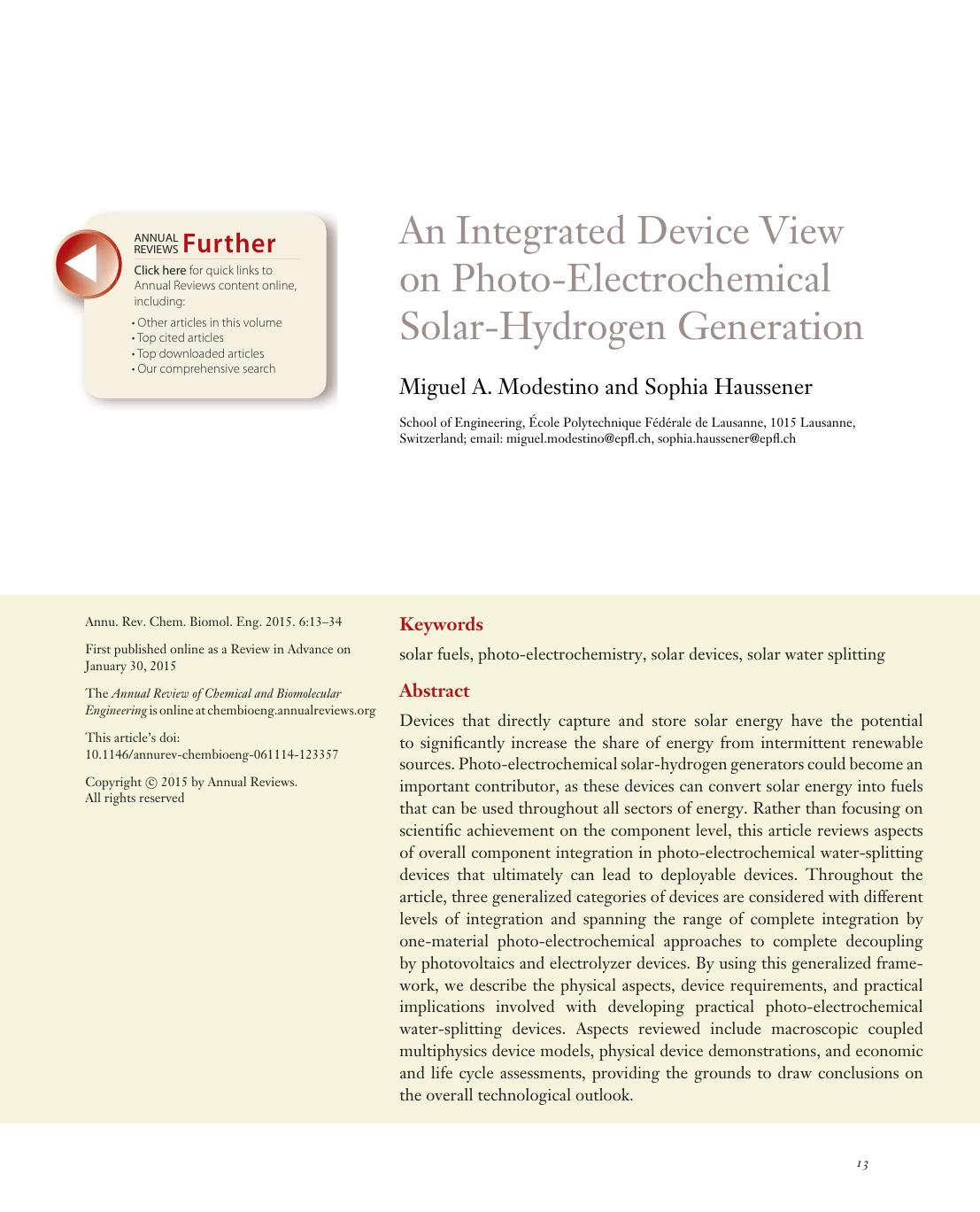 An Integrated Device View on Photo-Electrochemical Solar-Hydrogen Generation by Miguel A. Modestino and Sophia Haussener