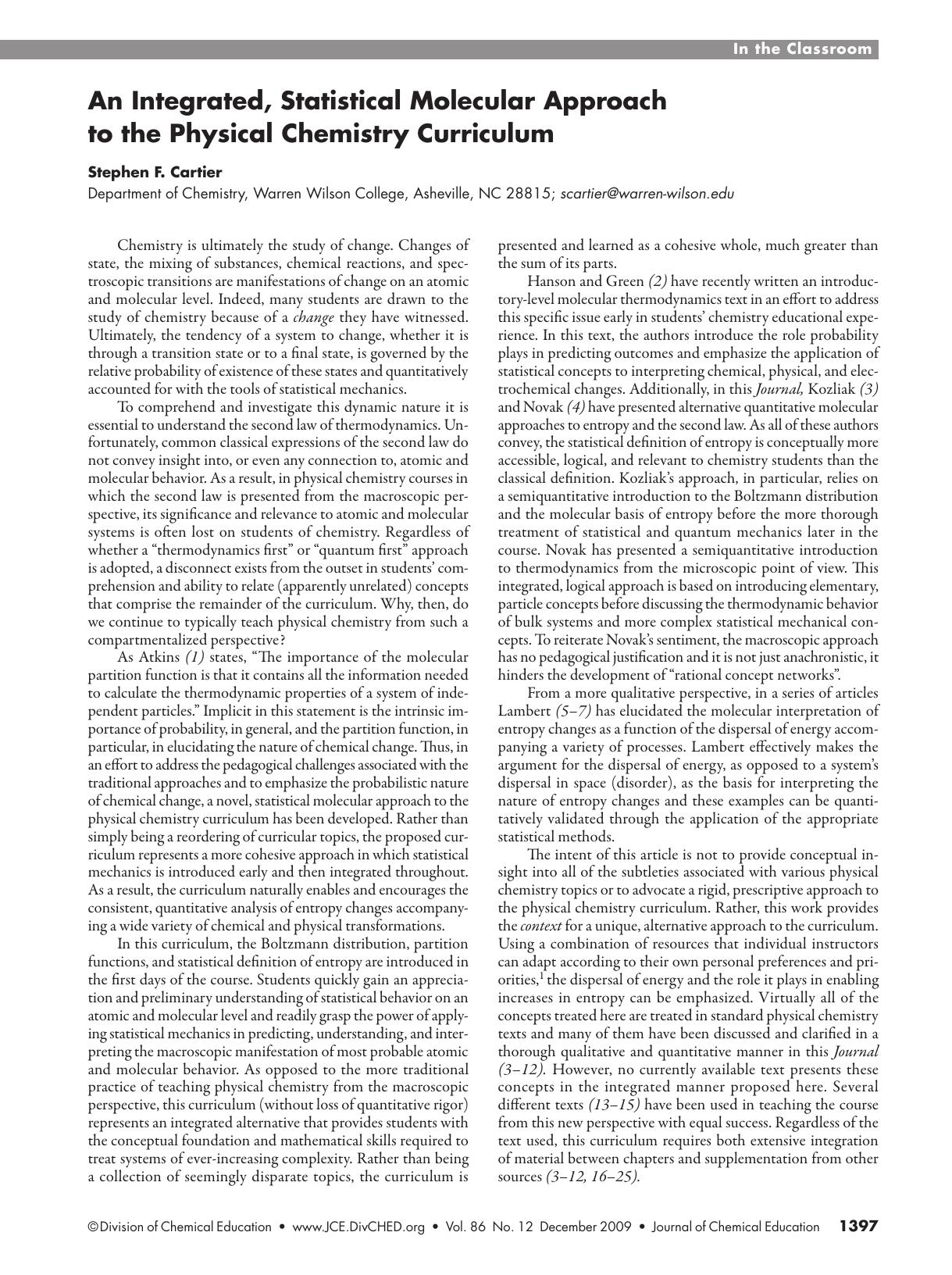 An Integrated, Statistical Molecular Approach to the Physical Chemistry Curriculum by Stephen F. Cartier