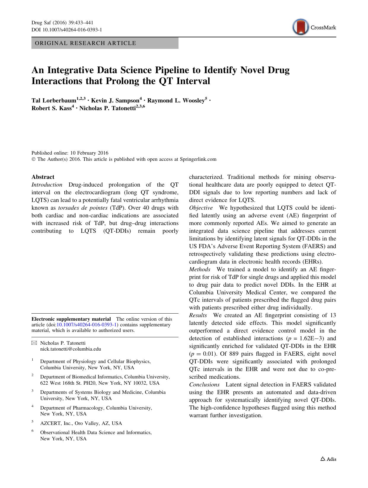 An Integrative Data Science Pipeline to Identify Novel Drug Interactions that Prolong the QT Interval by Tal Lorberbaum & Kevin J. Sampson & Raymond L. Woosley & Robert S. Kass & Nicholas P. Tatonetti