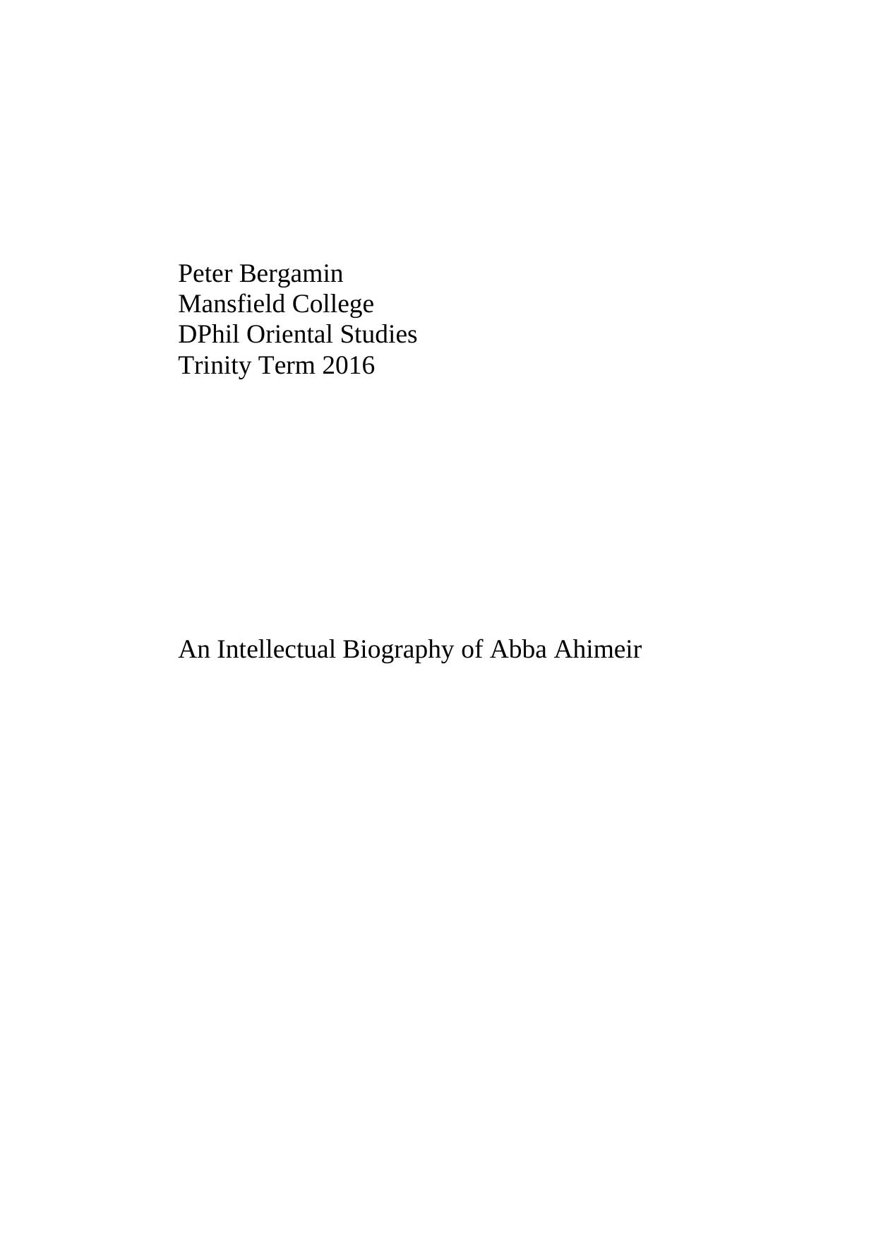 An Intellectual Biography of Abba Ahimeir by Peter Bergamin