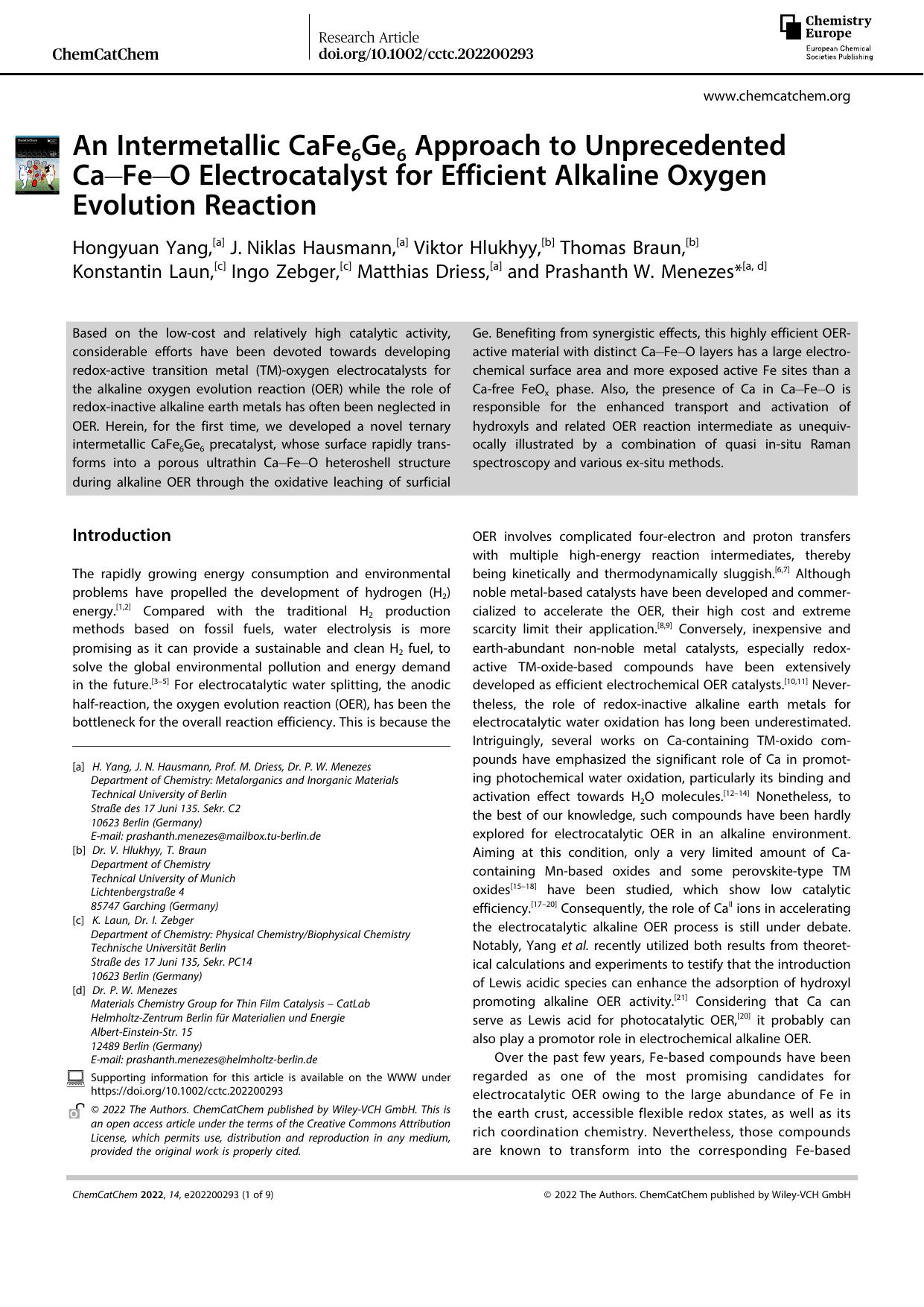 An Intermetallic CaFe6Ge6 Approach to Unprecedented CaâFeâO Electrocatalyst for Efficient Alkaline Oxygen Evolution Reaction by Unknown