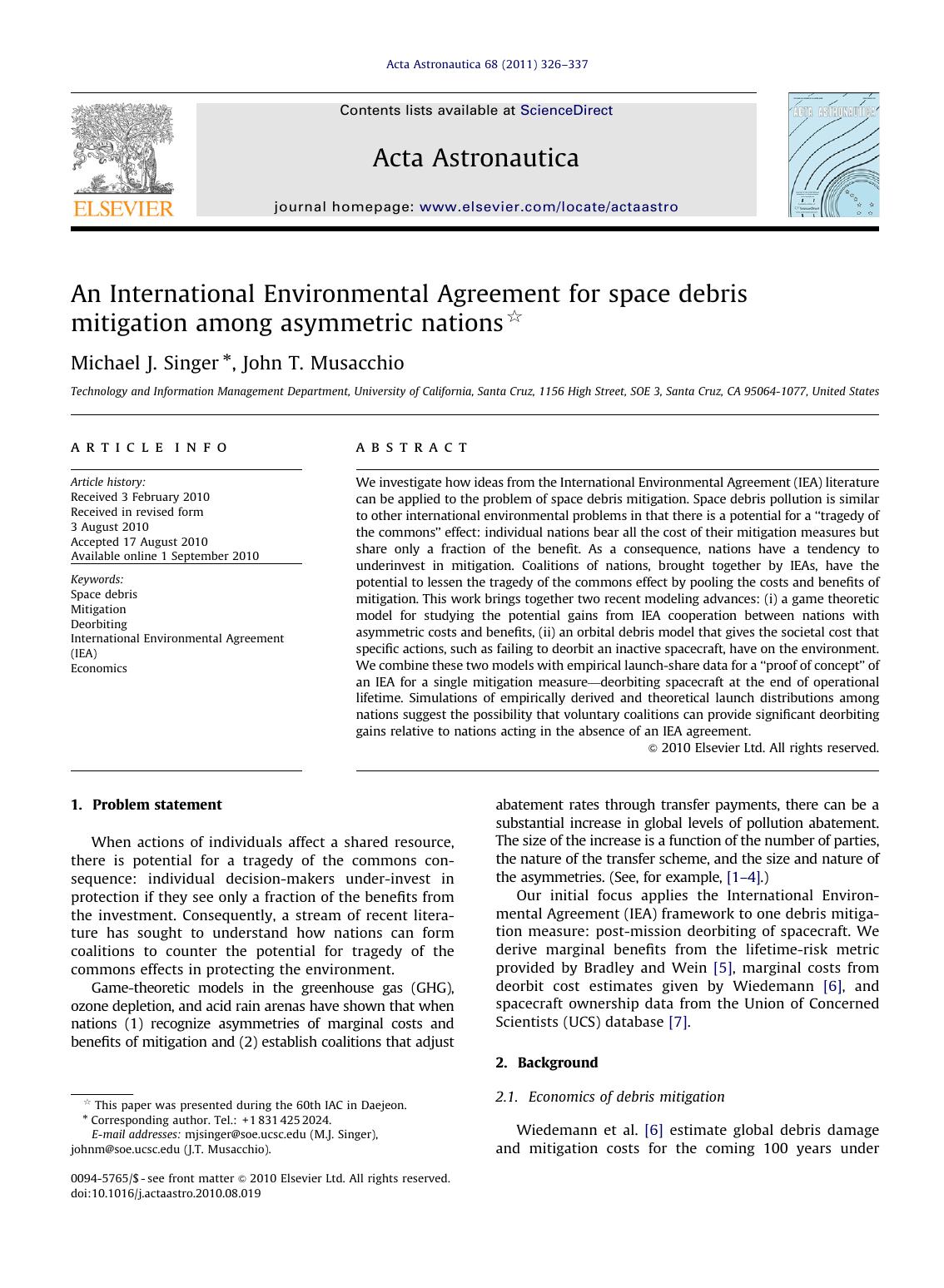 An International Environmental Agreement for space debris mitigation among asymmetric nations by Michael J. Singer & John T. Musacchio