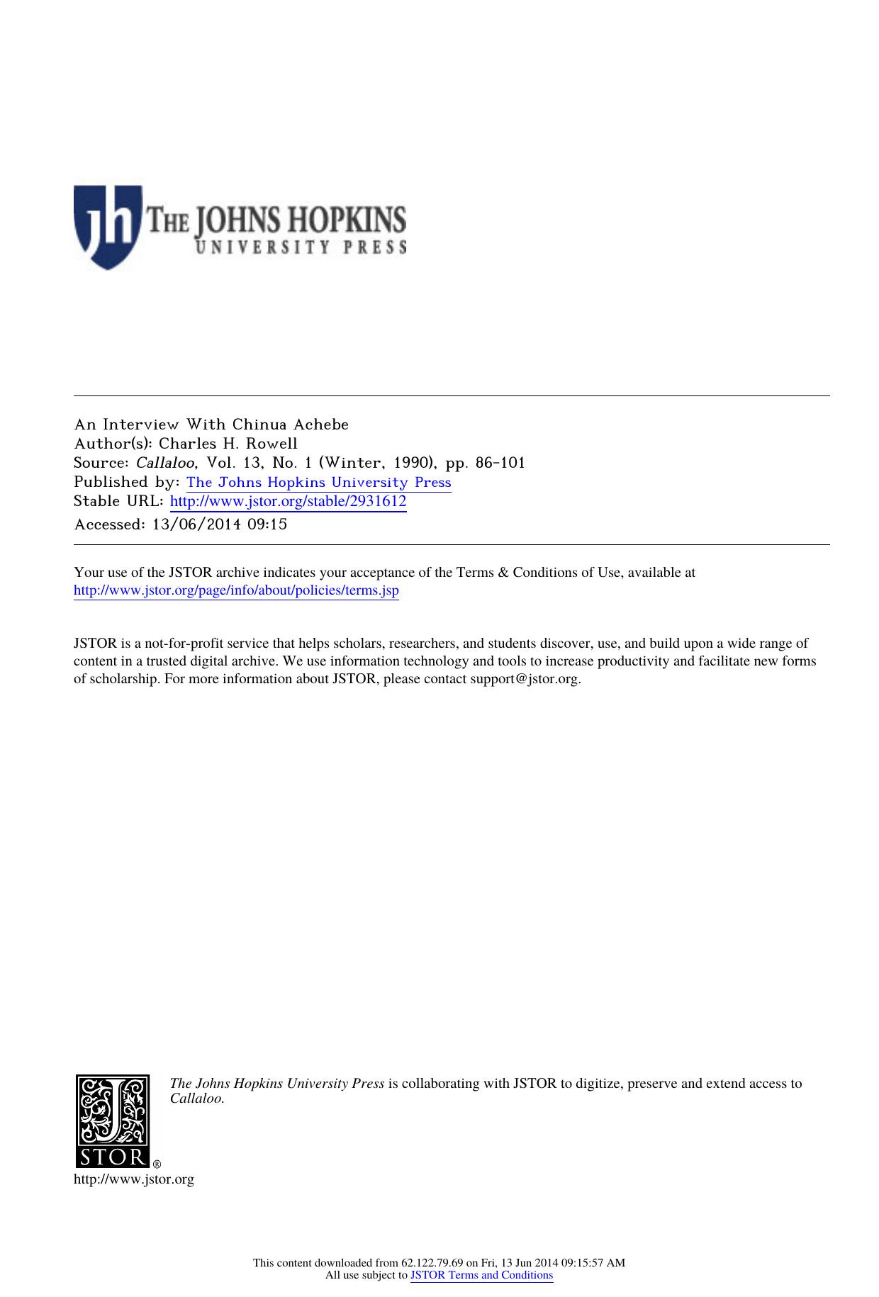 An Interview With Chinua Achebe by Unknown