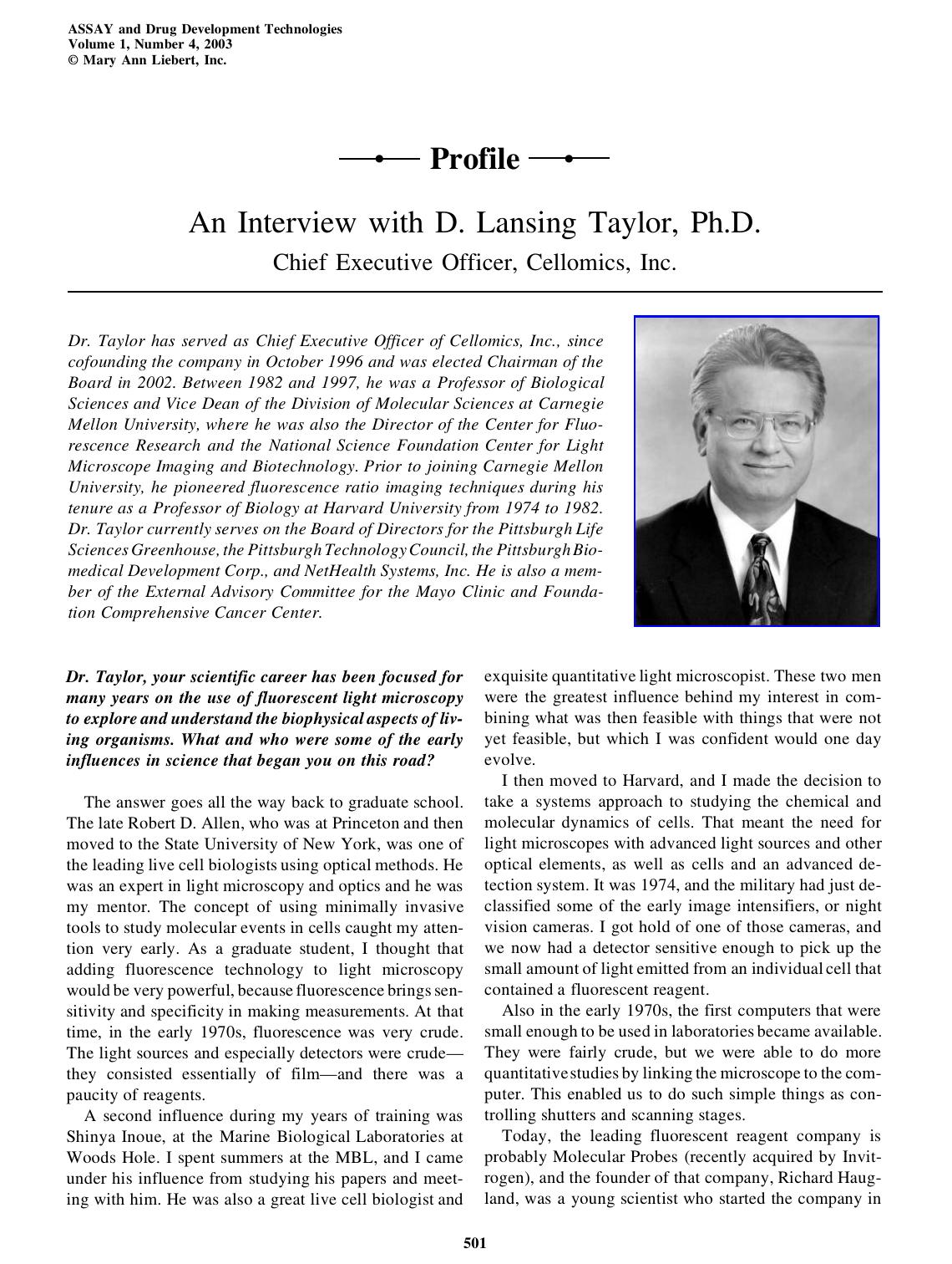An Interview with D. Lansing Taylor, Ph.D., Chief Executive Officer, Cellomics, Inc. by Unknown