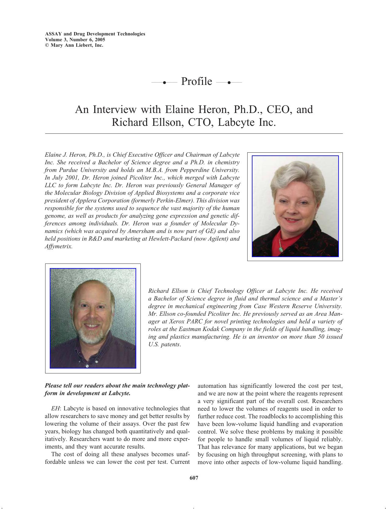 An Interview with Elaine Heron, Ph.D., CEO, and Richard Ellson, CTO, Labcyte Inc. by Unknown