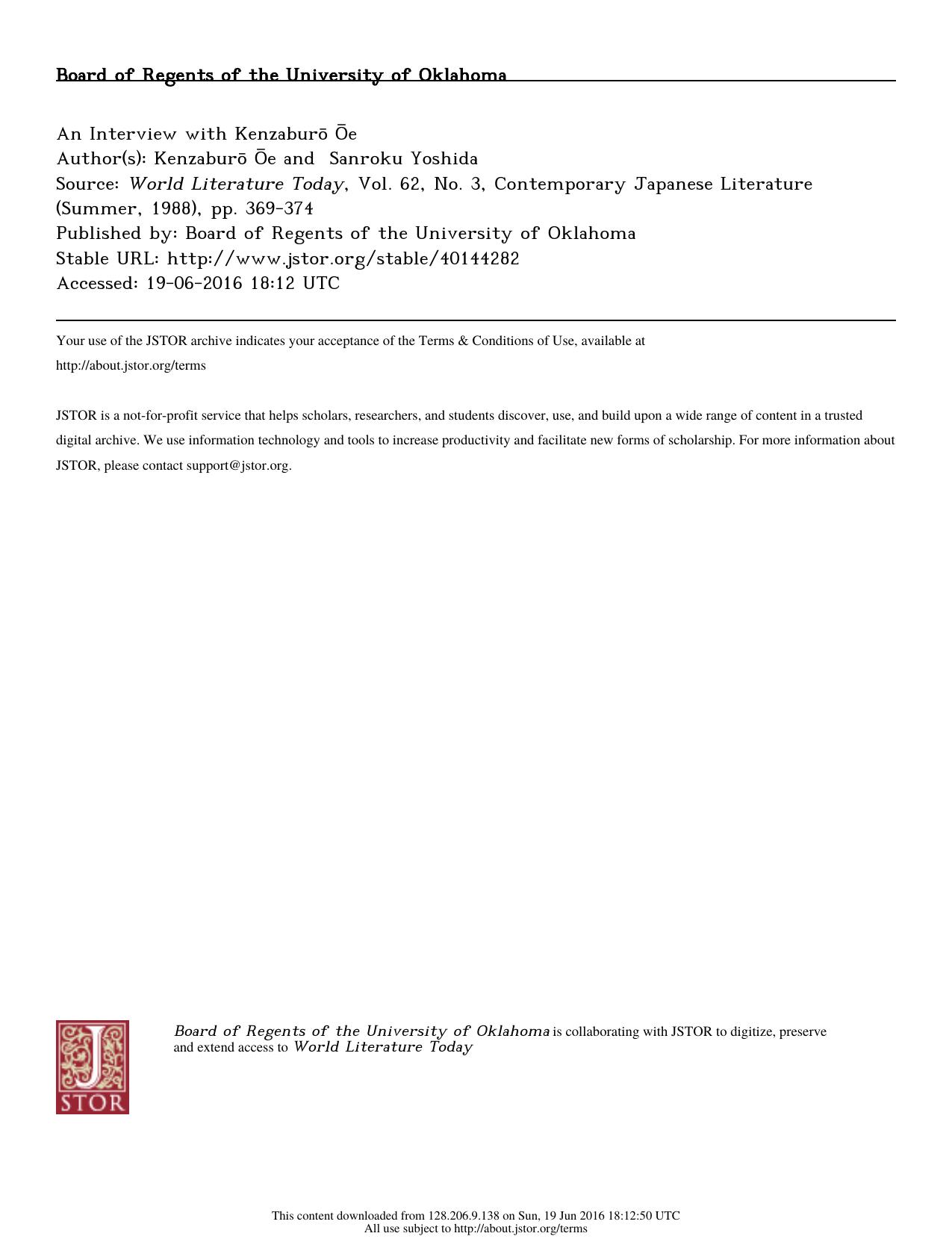 An Interview with KenzaburÅ Åe by An Interview & Kenzaburo Oe (1988)