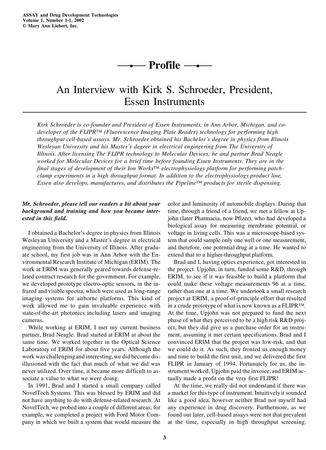 An Interview with Kirk S. Schroeder, President, Essen Instruments by Unknown