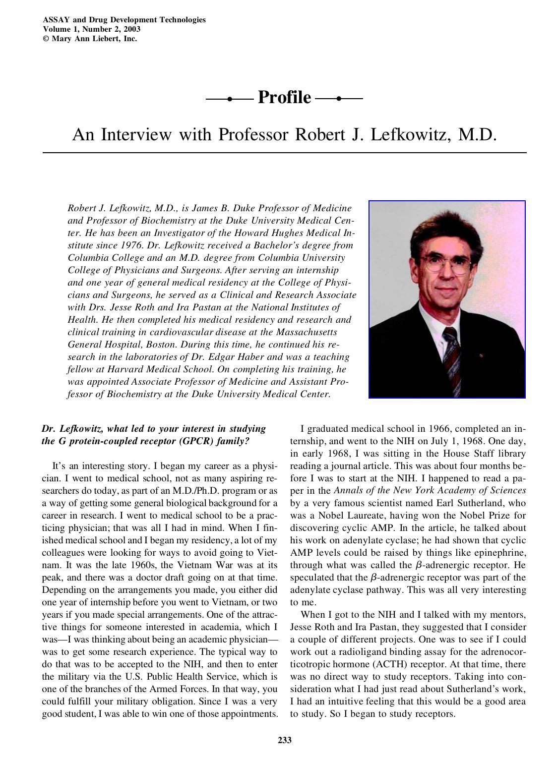 An Interview with Professor Robert J. Lefkowitz, M.D. by Unknown