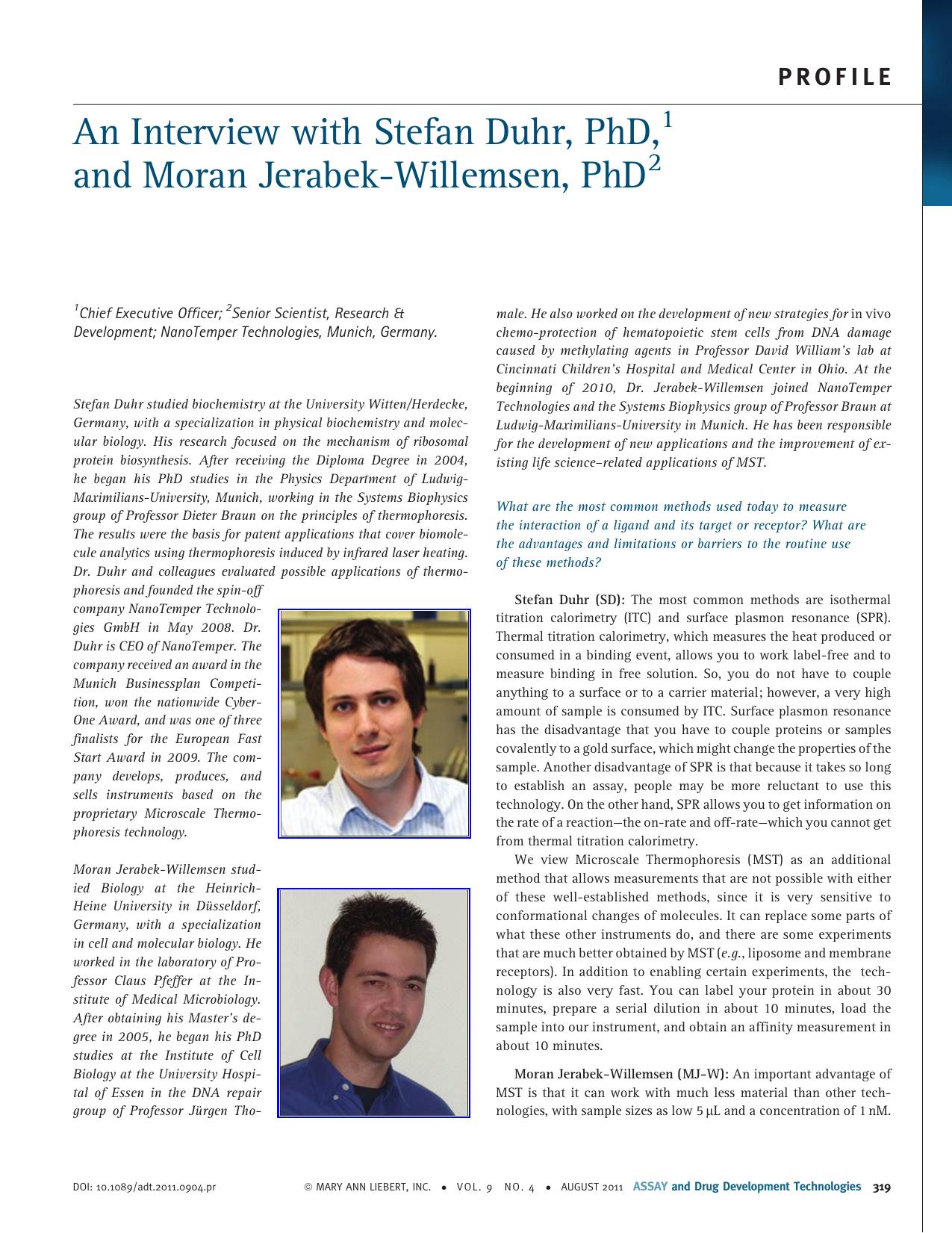 An Interview with Stefan Duhr, PhD,1 and Moran Jerabek-Willemsen, PhD2 by Unknown