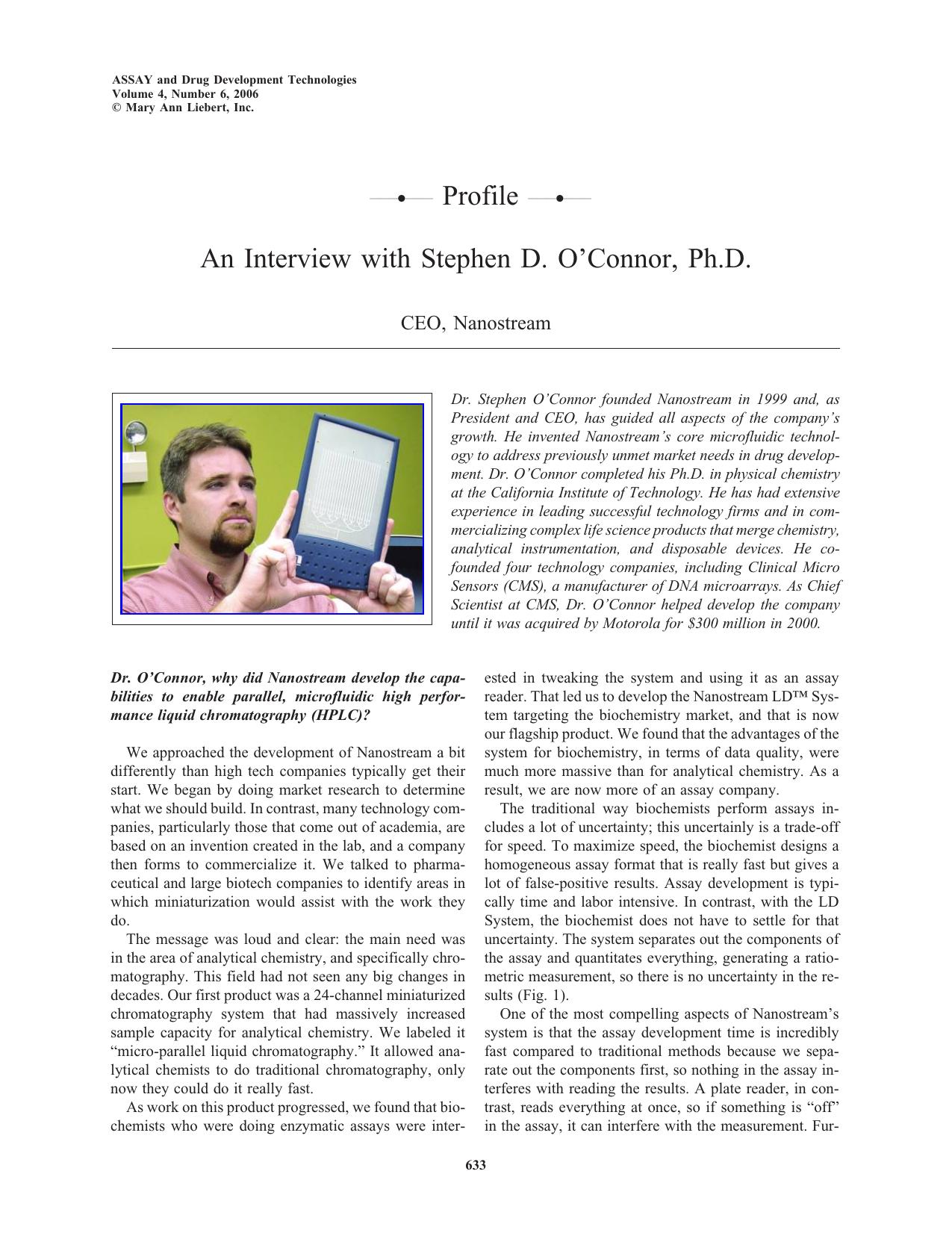 An Interview with Stephen D. O'Connor, Ph.D. CEO, Nanostream by Vicki Glaser