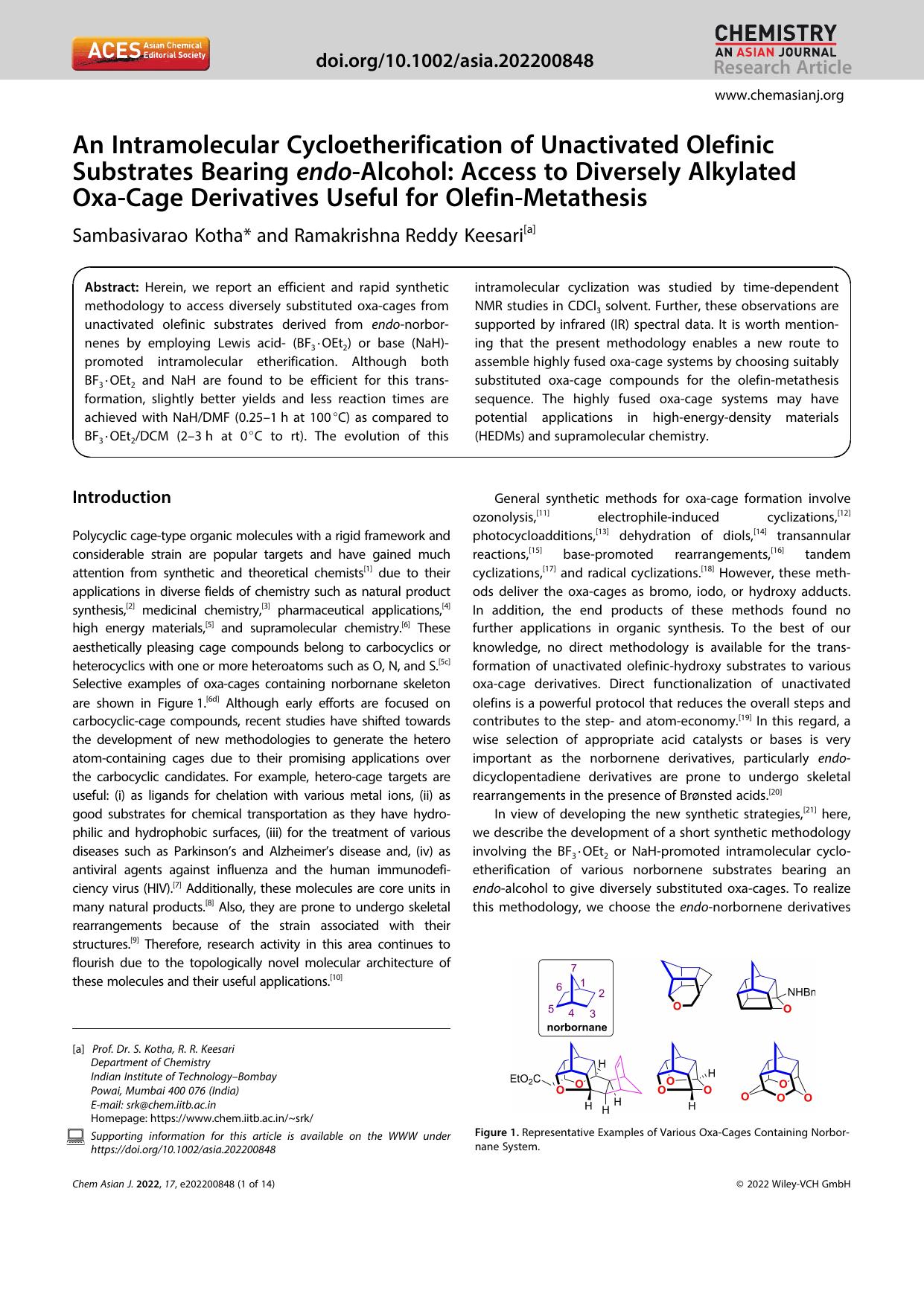An Intramolecular Cycloetherification of Unactivated Olefinic Substrates Bearing endoâAlcohol: Access to Diversely Alkylated OxaâCage Derivatives Useful for OlefinâMetathesis by Unknown