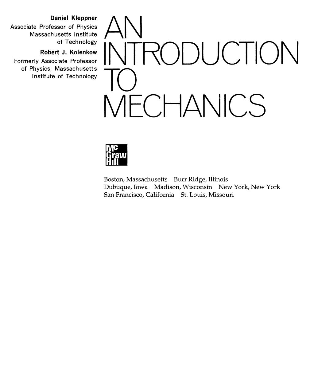 An Introduction To Mechanics, Daniel Kleppner, Robert Kolenkow by Unknown