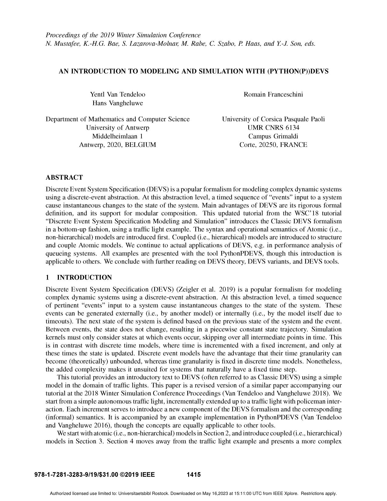 An Introduction to Modeling and Simulation with (Python(P))DEVS by Y. V. Tendeloo H. Vangheluwe and R. Franceschini