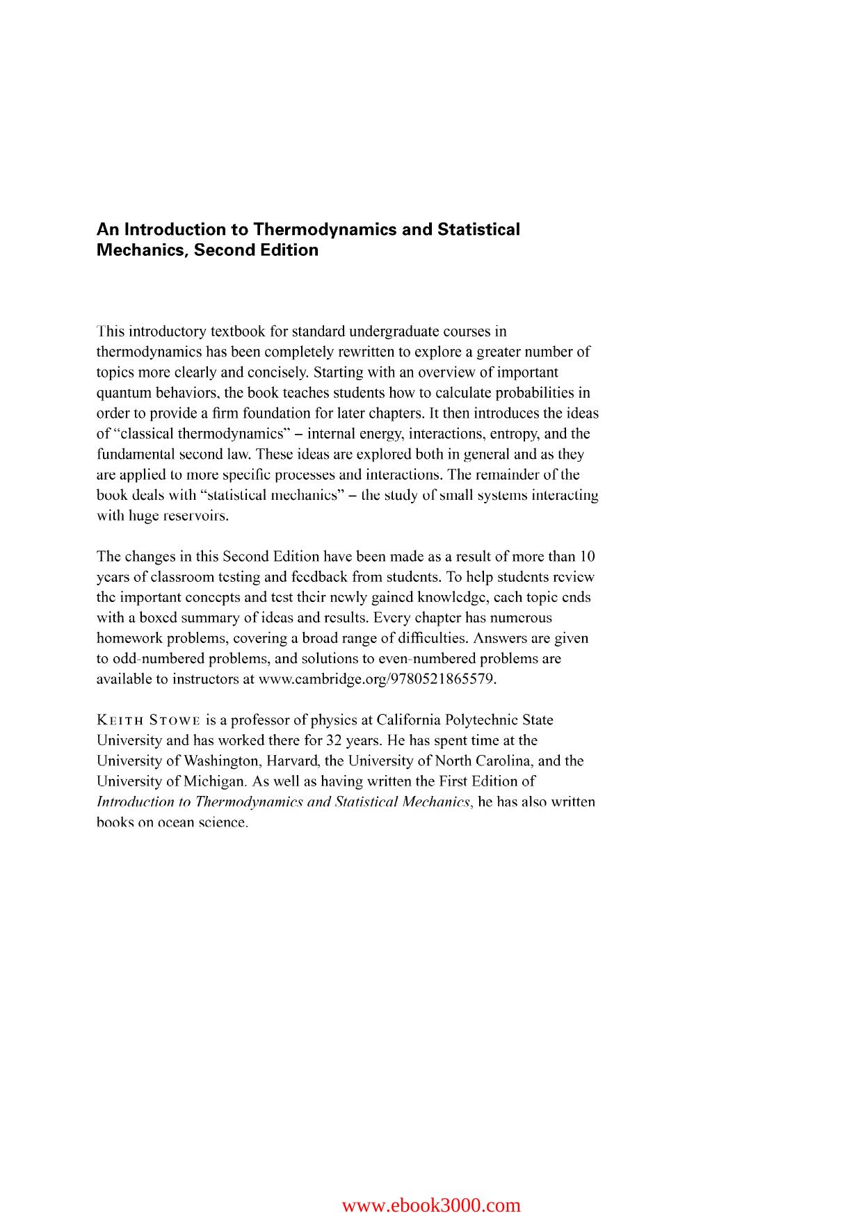 An Introduction to Thermodynamics and Statistical Mechanics by Unknow