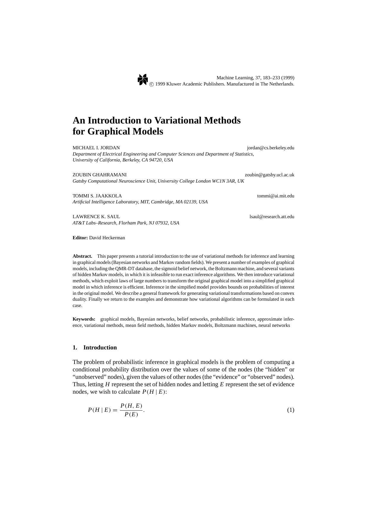 An Introduction to Variational Methods for Graphical Models by An Introduction to Variational Methods for Graphical Models