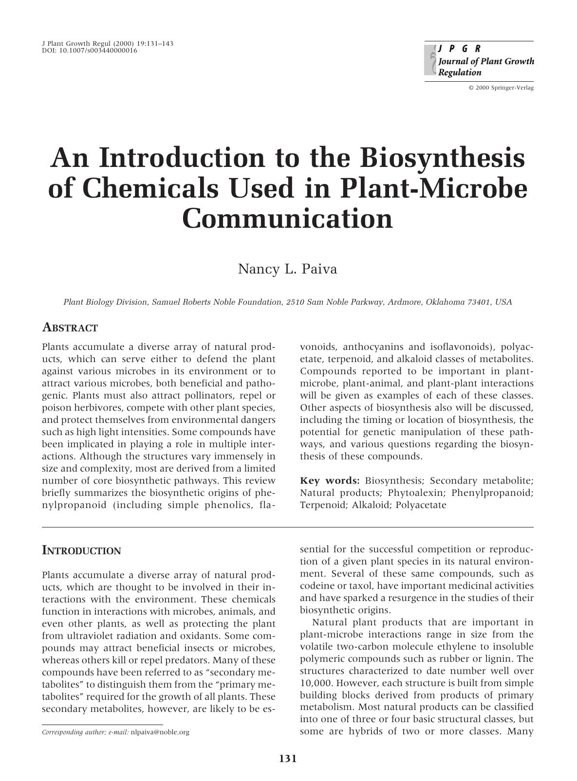 An Introduction to the Biosynthesis of Chemicals Used in Plant-Microbe Communication by Paiva N. et al
