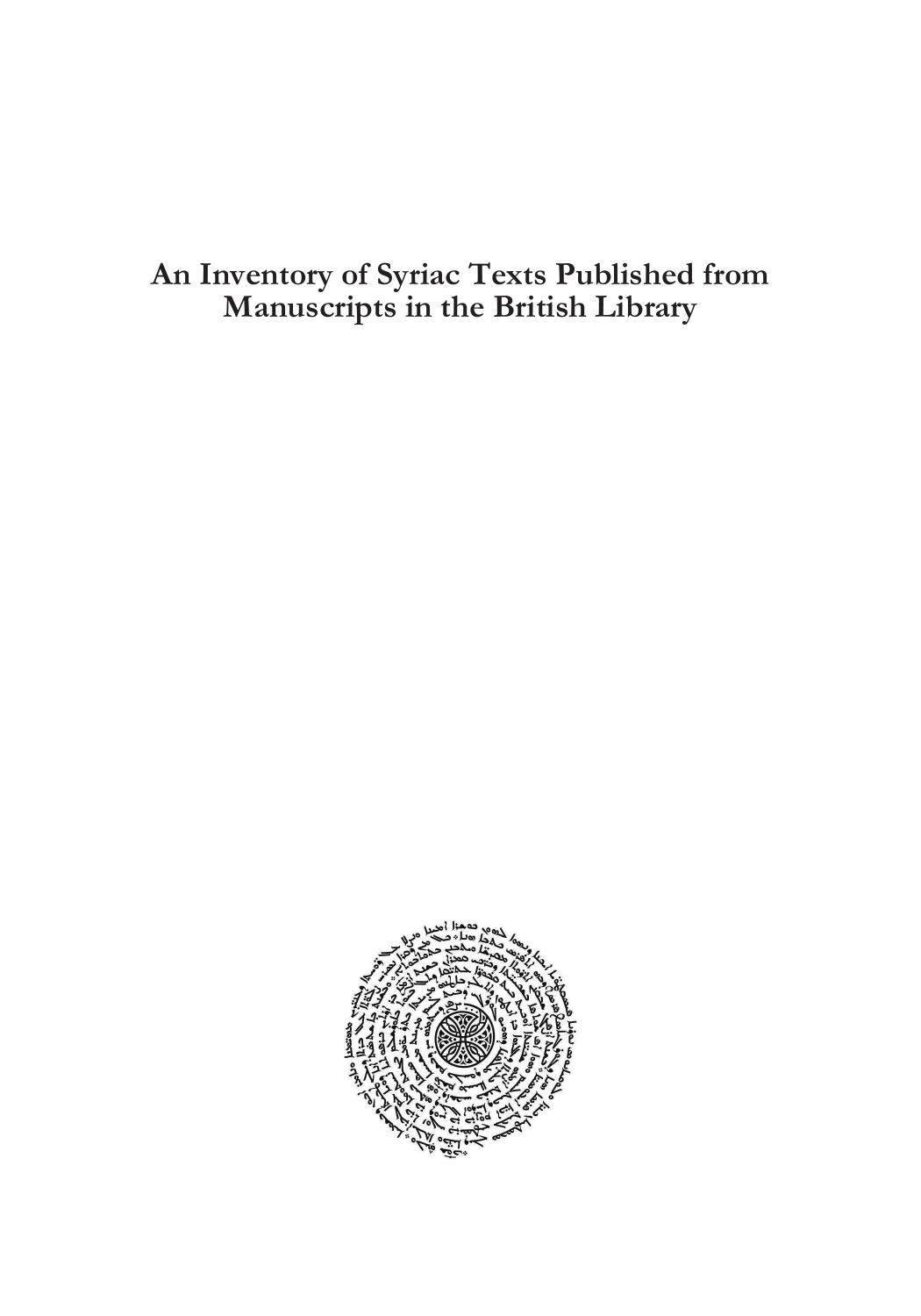 An Inventory of Syriac Texts Published from Manuscripts in the British Library by Sebastian P. Brock