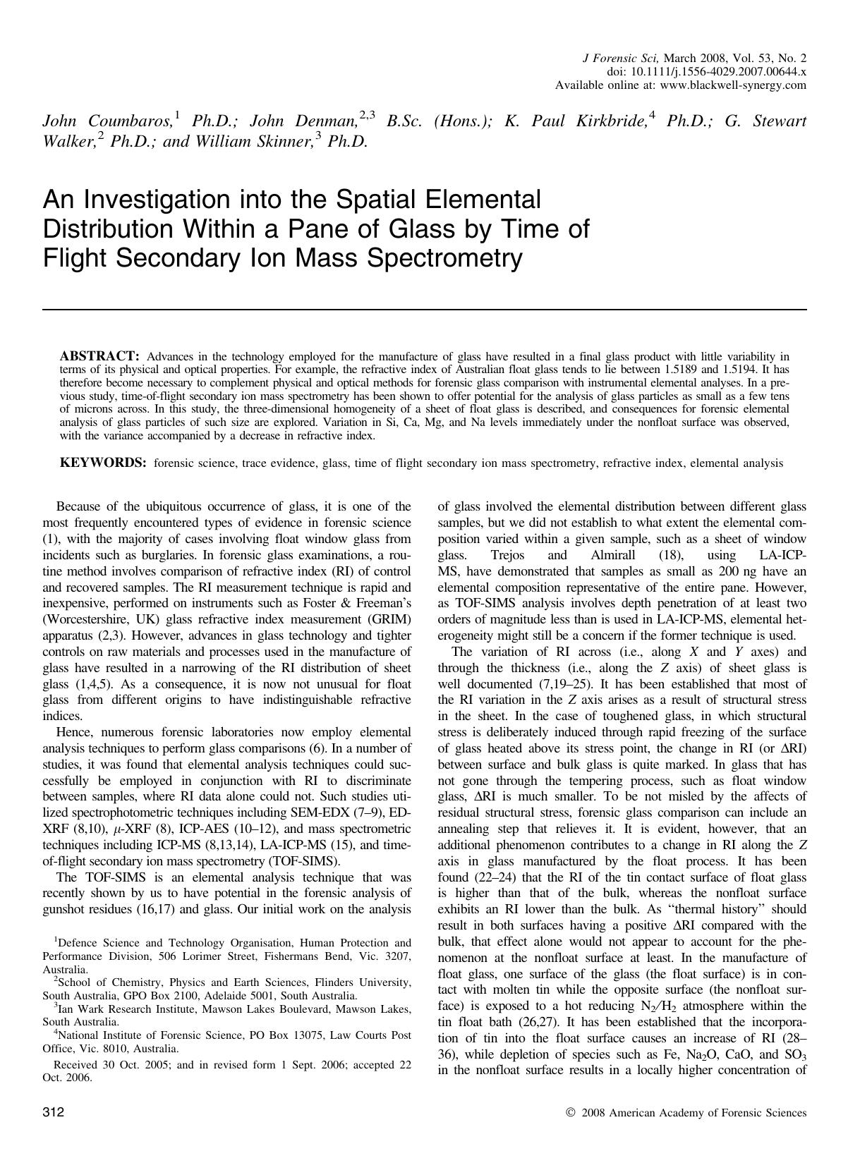 An Investigation into the Spatial Elemental Distribution Within a Pane of Glass by Time of Flight Secondary Ion Mass Spectrometry by Unknown
