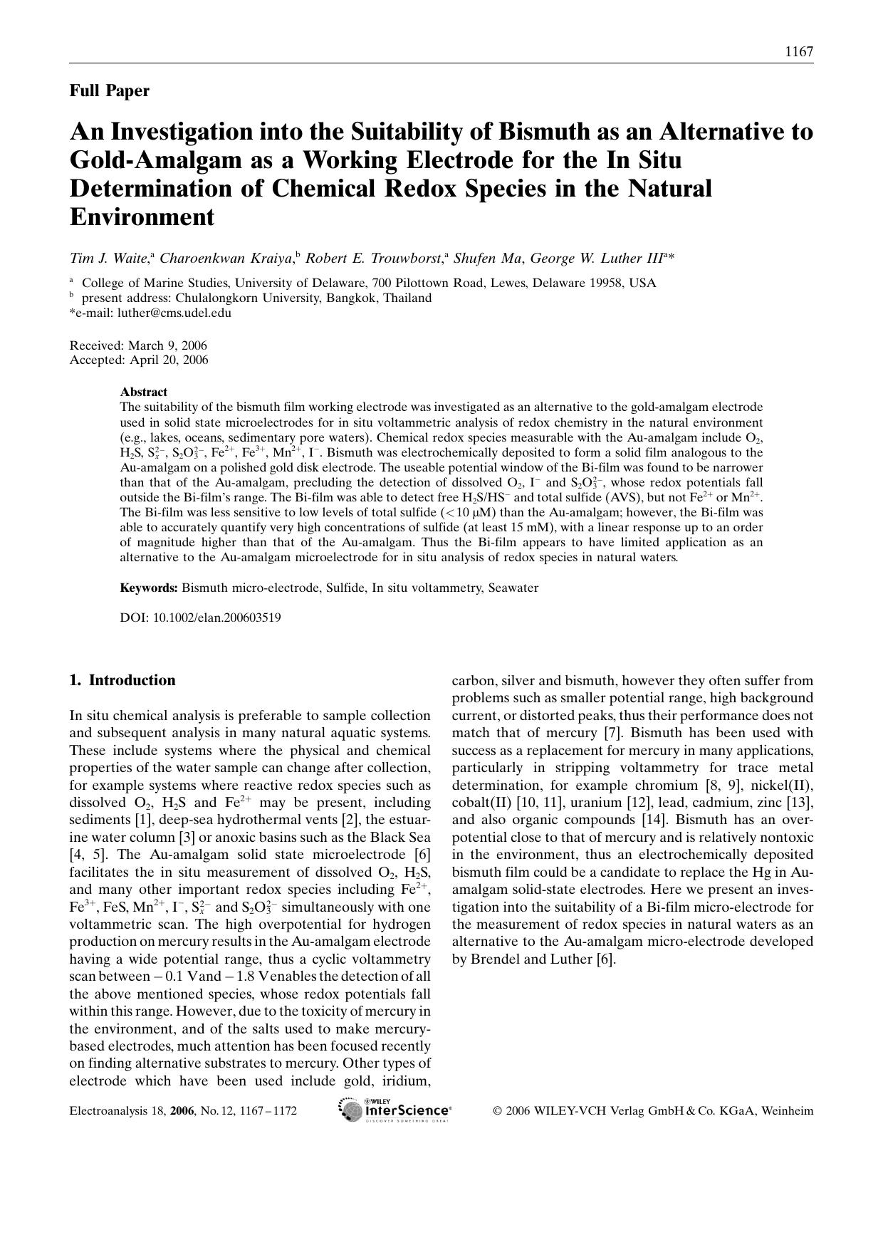 An Investigation into the Suitability of Bismuth as an Alternative to Gold-Amalgam as a Working Electrode for the In Situ Determination of Chemical Redox Species in the Natural Environment by Unknown
