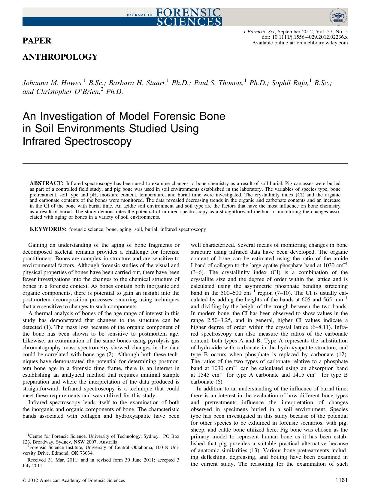 An Investigation of Model Forensic Bone in Soil Environments Studied Using Infrared Spectroscopy by Unknown