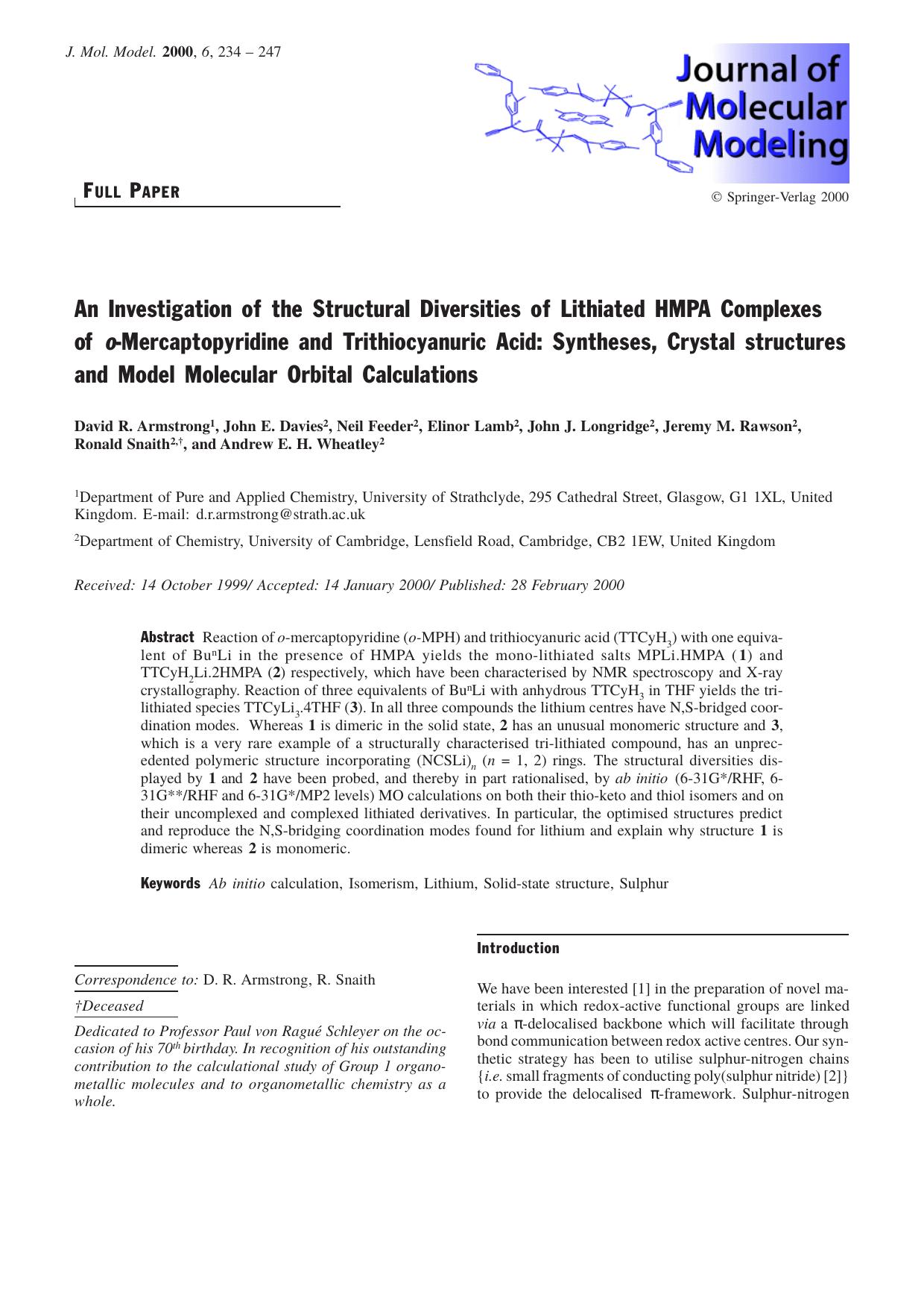 An Investigation of the Structural Diversities of Lithiated HMPA Complexes of o-Mercaptopyridine and Trithiocyanuric Acid: Syntheses, Crystal structures and Model Molecular Orbital Calculations by unknow
