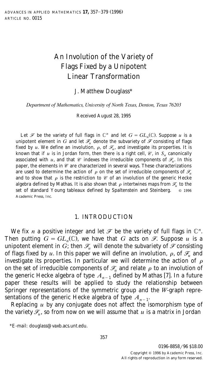 An Involution of the Variety of Flags Fixed by a Unipotent Linear Transformation by Douglass J. M