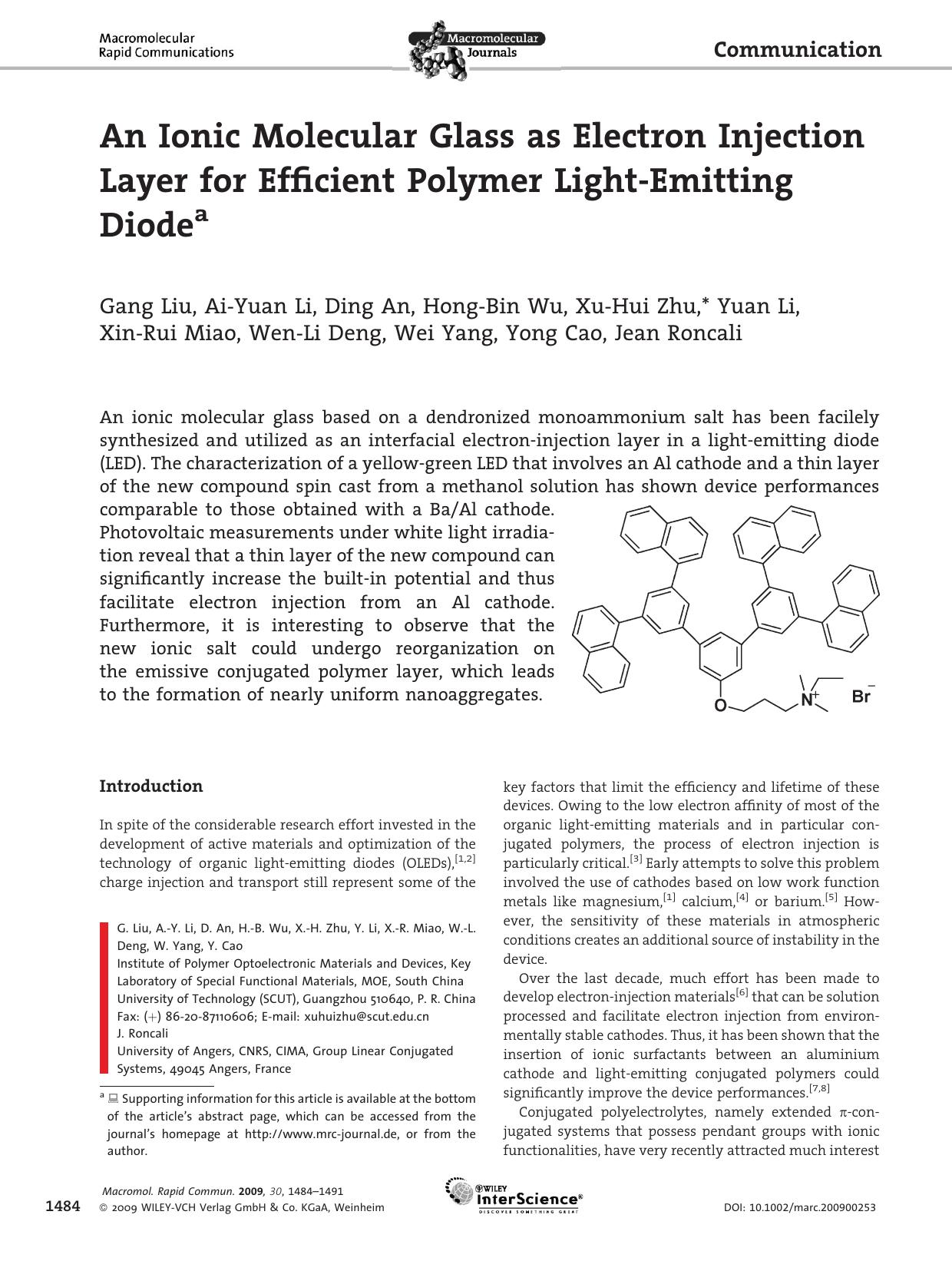 An Ionic Molecular Glass as Electron Injection Layer for Efficient Polymer Light-Emitting Diode by Unknown