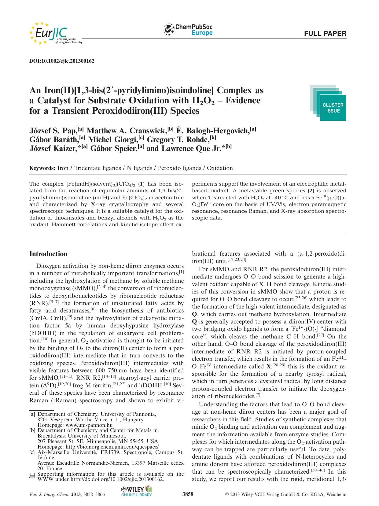 An Iron(II)[1,3bis(2pyridylimino)isoindoline] Complex as a Catalyst for Substrate Oxidation with H2O2 Evidence for a Transient Peroxidodiiron(III) Species by Unknown