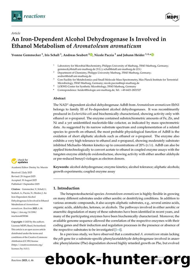 An Iron-Dependent Alcohol Dehydrogenase Is Involved in Ethanol Metabolism of Aromatoleum aromaticum by Yvonne Gemmecker Iris Schall Andreas Seubert Nicole Paczia & Johann Heider
