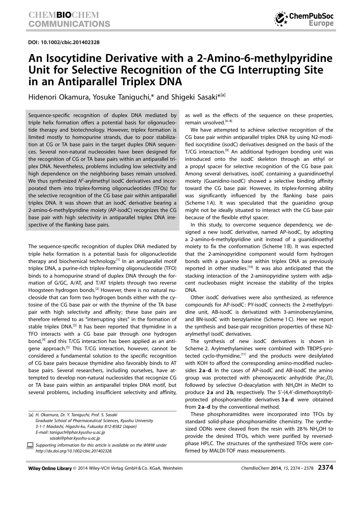 An Isocytidine Derivative with a 2Amino6methylpyridine Unit for Selective Recognition of the CG Interrupting Site in an Antiparallel Triplex DNA by Unknown