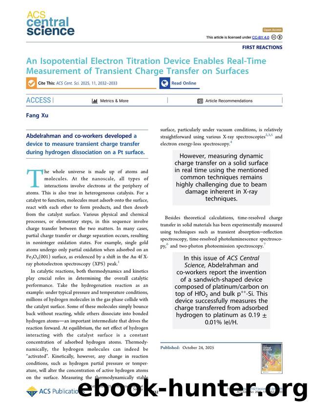 An Isopotential Electron Titration Device Enables Real-Time Measurement of Transient Charge Transfer on Surfaces by Fang Xu