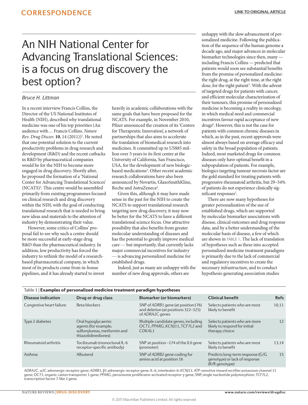 An NIH National Center for Advancing Translational Sciences: is a focus on drug discovery the best option? by Bruce H. Littman
