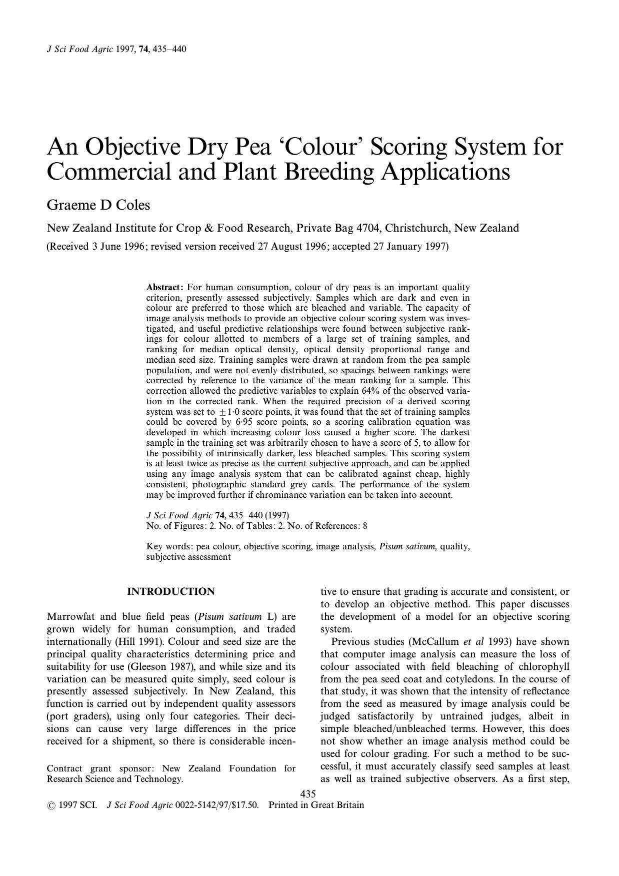An Objective Dry Pea `Colour' Scoring System for Commercial and Plant Breeding Applications by Unknown