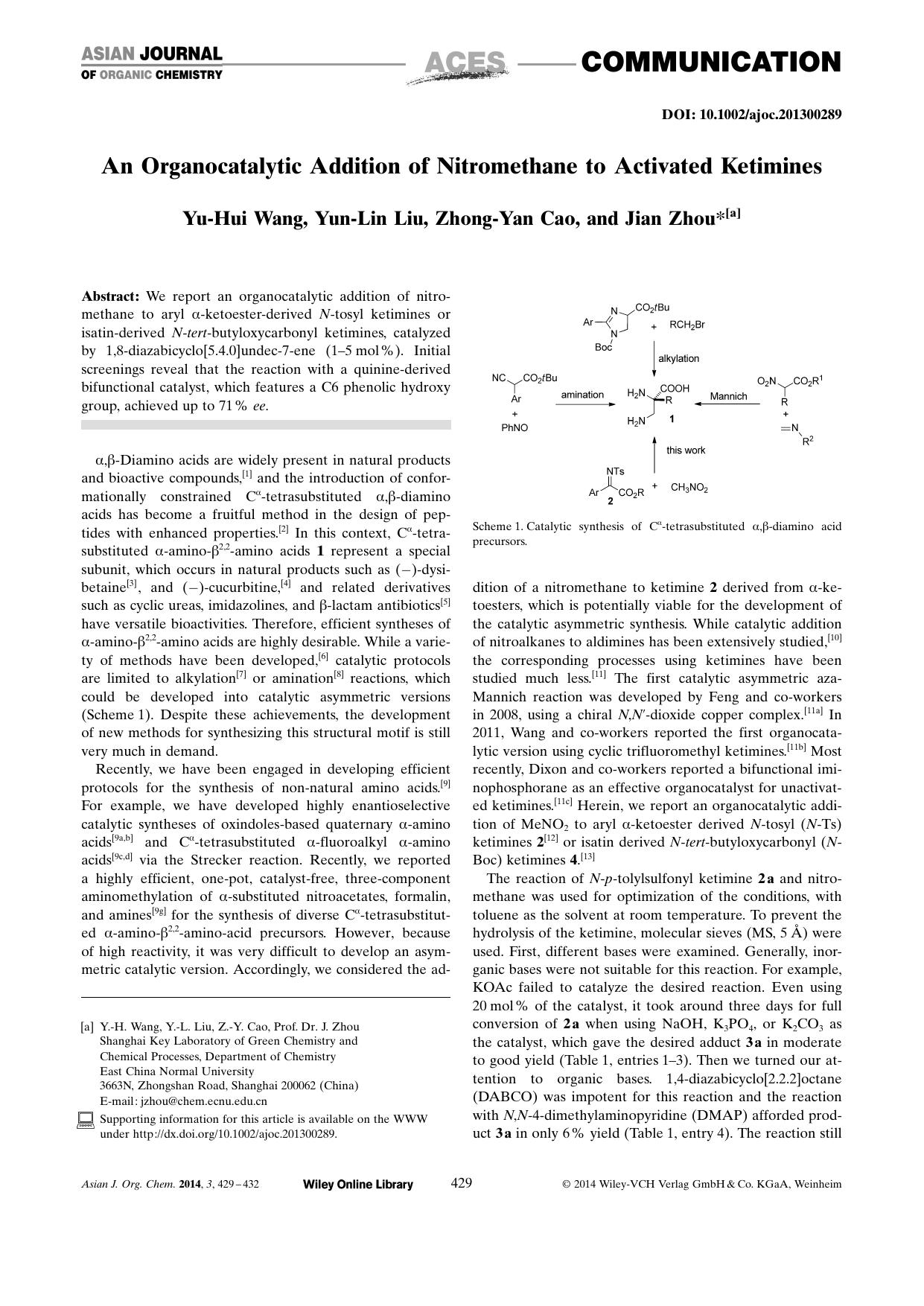 An Organocatalytic Addition of Nitromethane to Activated Ketimines by Unknown