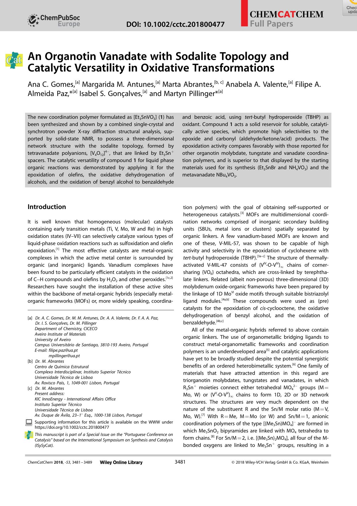 An Organotin Vanadate with Sodalite Topology and Catalytic Versatility in Oxidative Transformations by Unknown