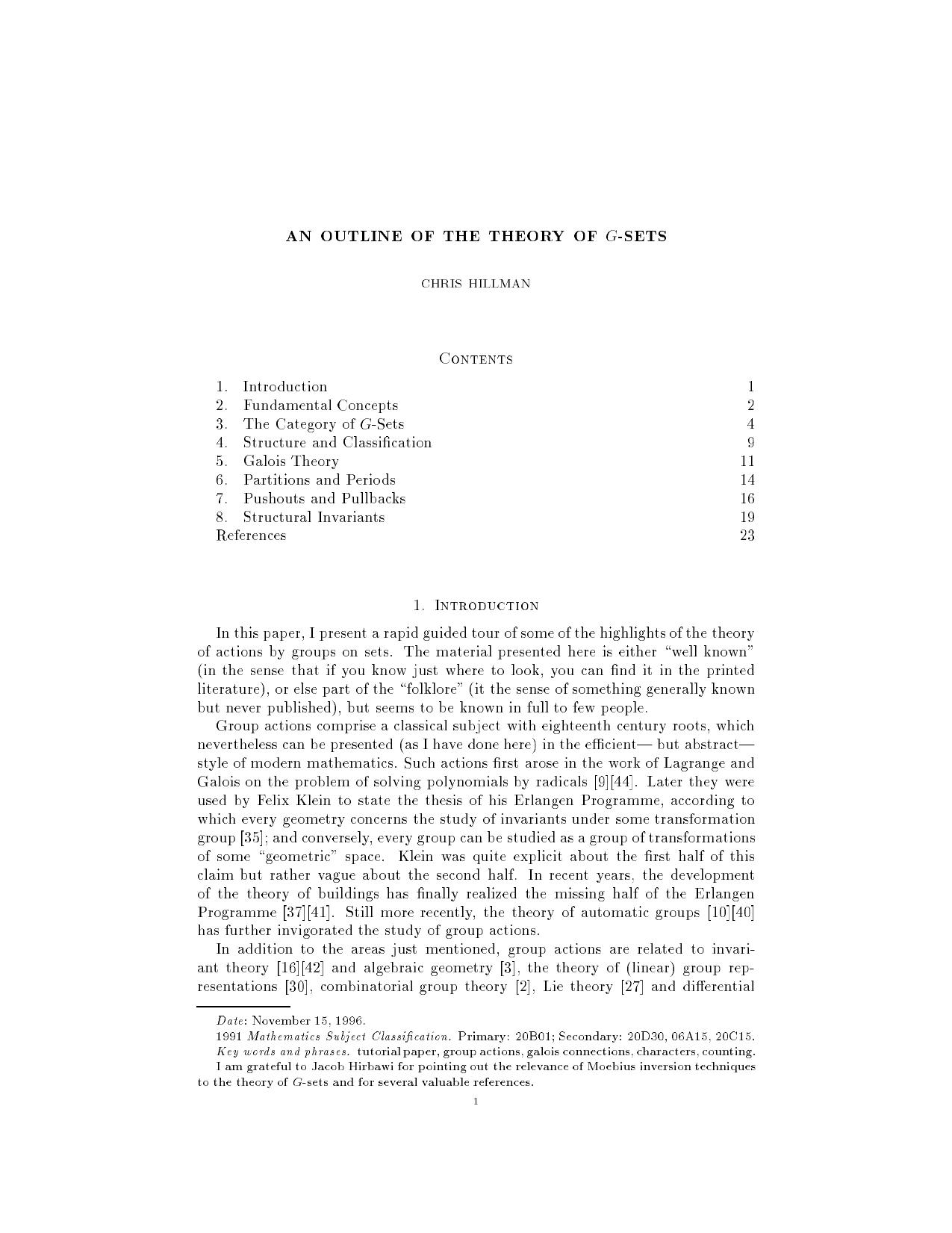 An Outline Of The Theory Of G-Sets by Chris Hillman