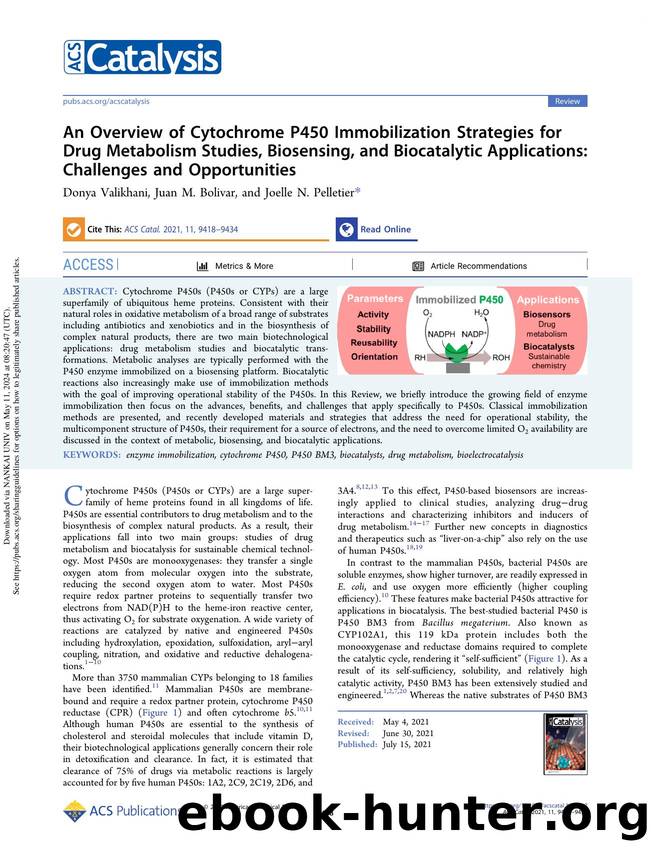 An Overview of Cytochrome P450 Immobilization Strategies for Drug Metabolism Studies, Biosensing, and Biocatalytic Applications: Challenges and Opportunities by Donya Valikhani Juan M. Bolivar & Joelle N. Pelletier