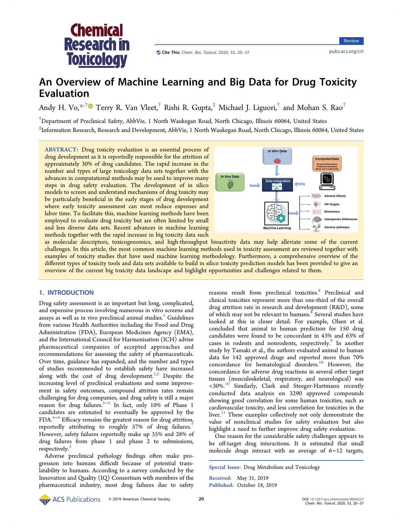 An Overview of Machine Learning and Big Data for Drug Toxicity Evaluation by Andy H. Vo Terry R. Van Vleet Rishi R. Gupta Michael J. Liguori and Mohan S. Rao