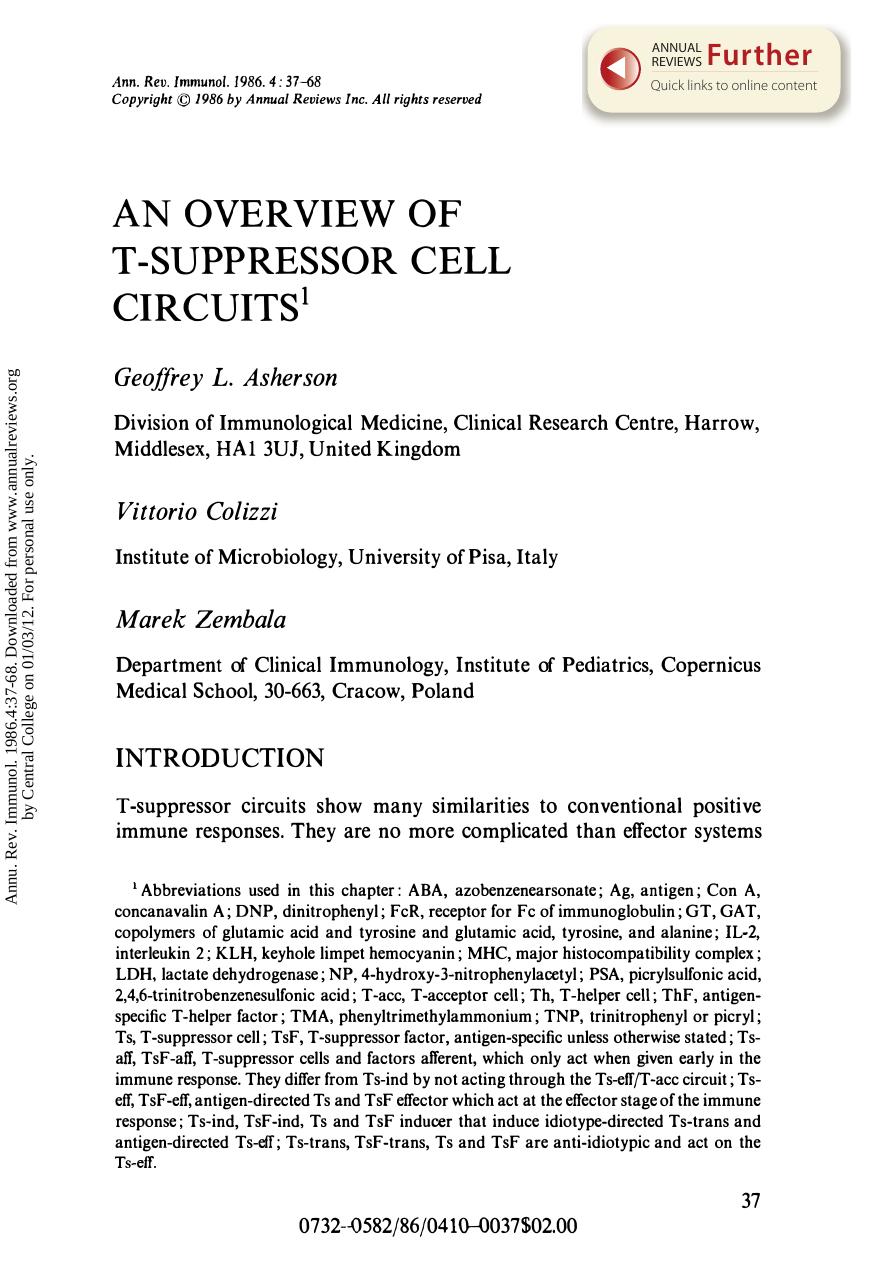 An Overview of T-Suppressor Cell Circuits by G L Asherson V Colizzi & M Zembala